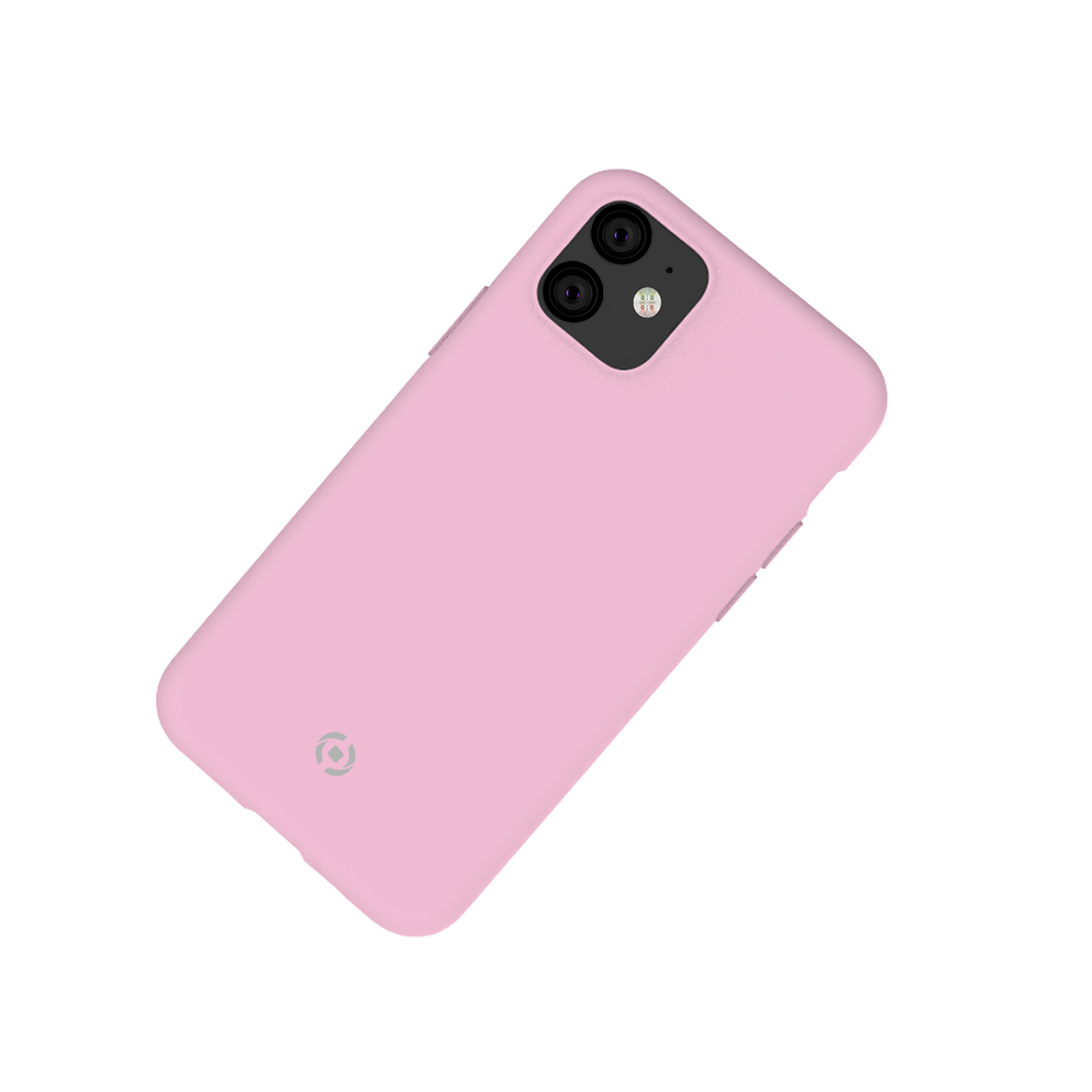 Una custodia rosa per telefono con un modulo fotocamera, angolata su sfondo bianco.