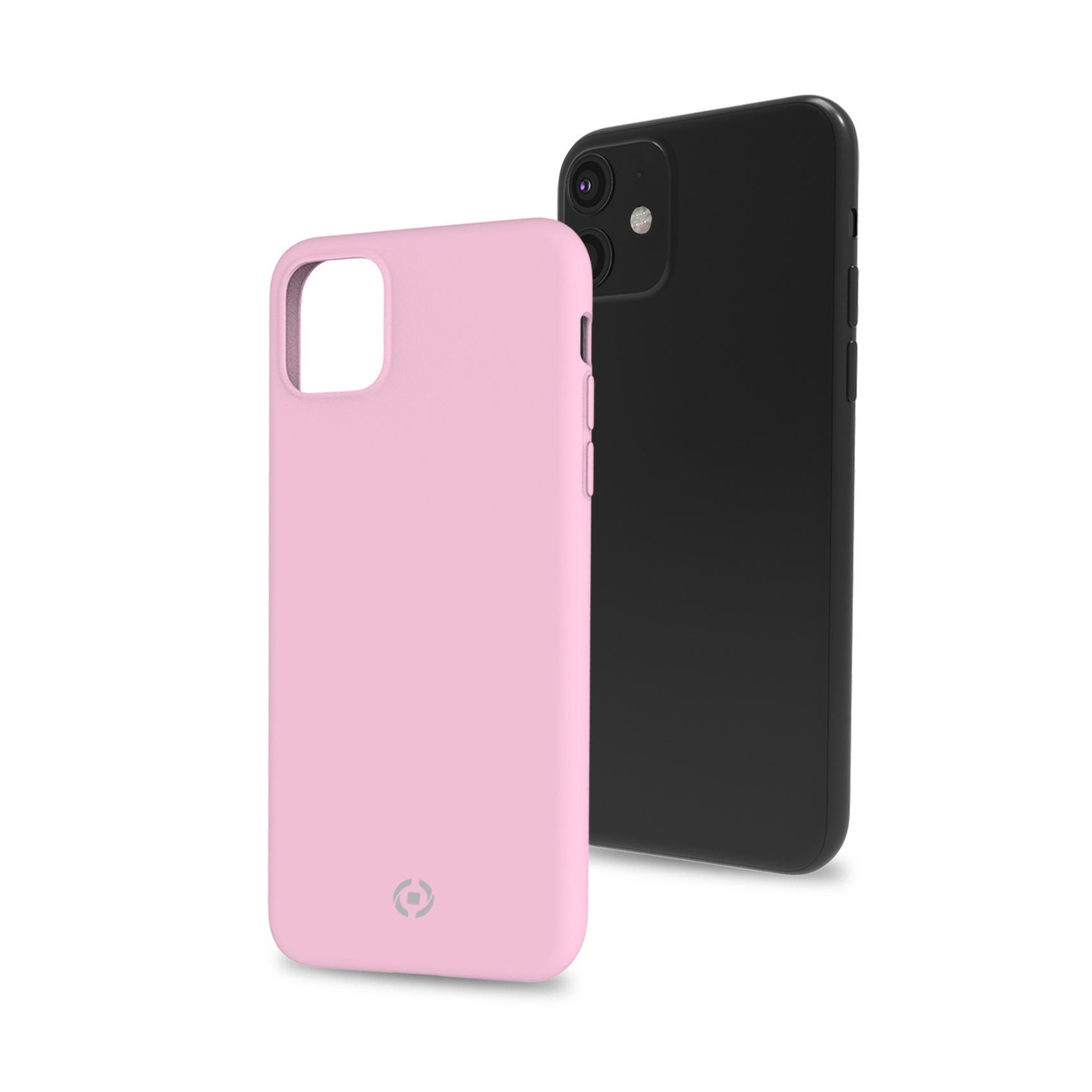 Custodia rosa per telefono e telefono nero su sfondo bianco.