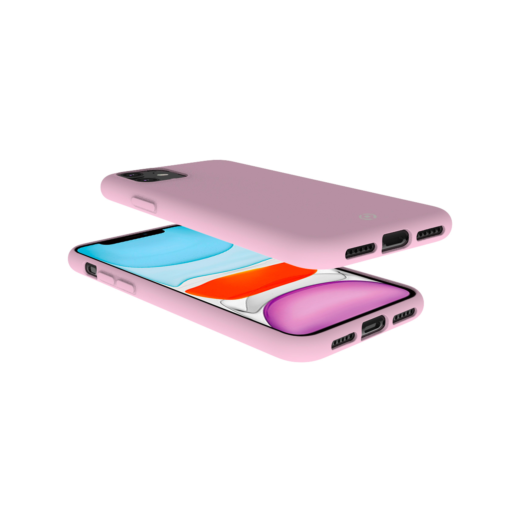 Custodia rosa per telefono e telefono visibili su sfondo bianco.