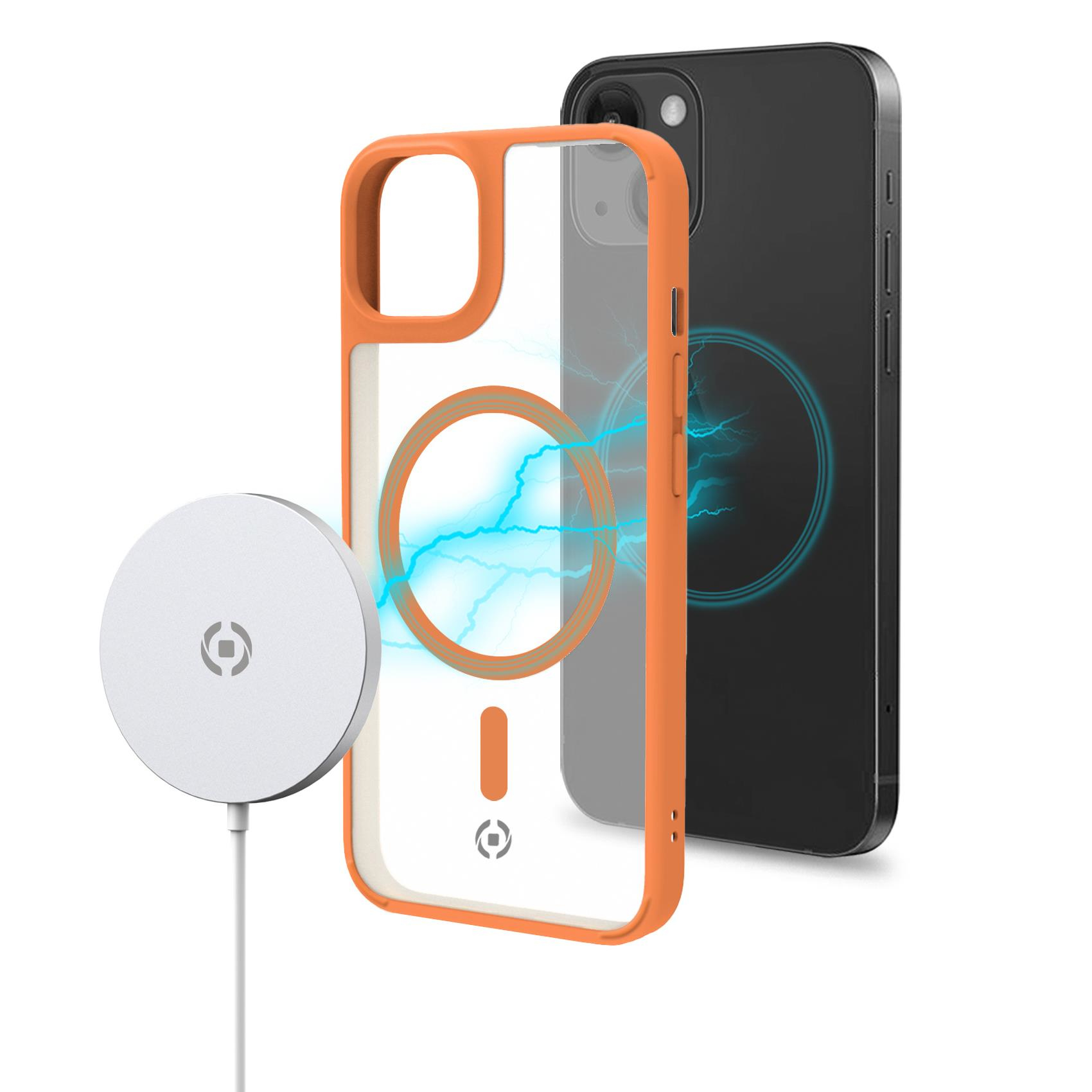 Custodia arancione e grigia per telefono e telefono su sfondo bianco.