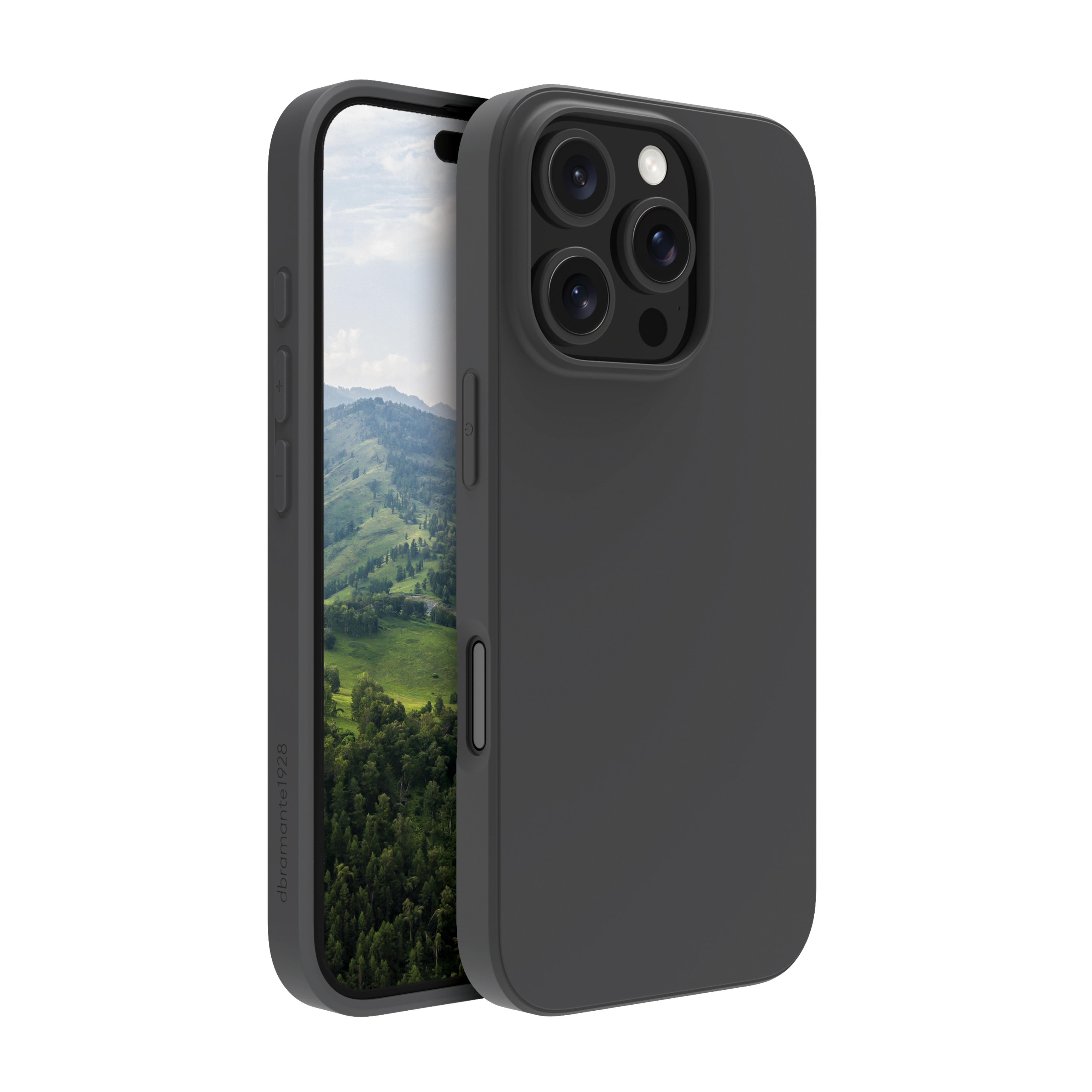 Una custodia nera per telefono, con un telefono all'interno. Il telefono ha una fotocamera nera e sfondo verde.