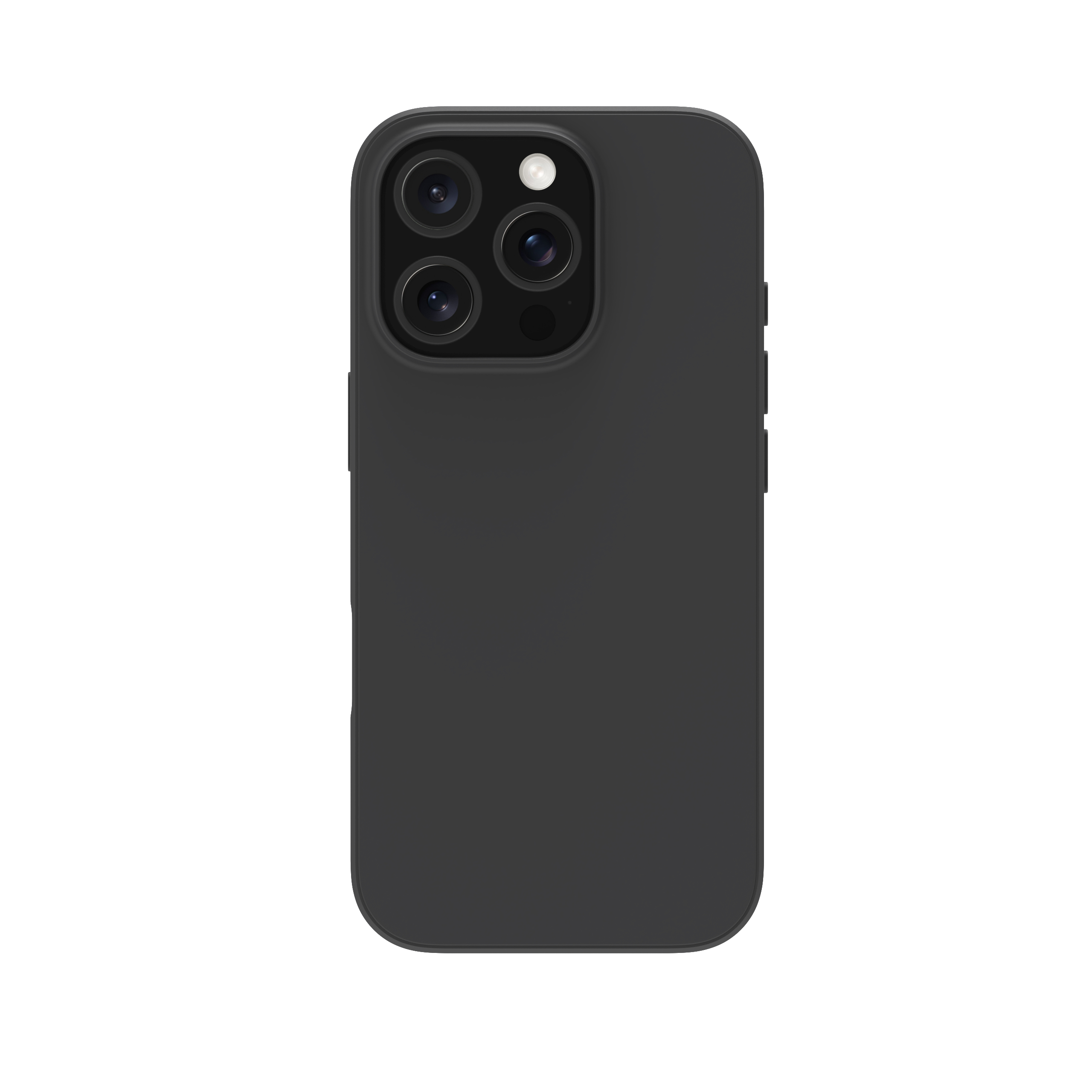 Una custodia nera per telefono è mostrata su sfondo bianco, mostrando la fotocamera posteriore.