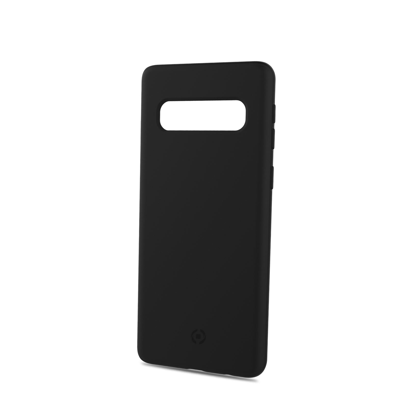 Una custodia nera per telefono è in piedi su sfondo bianco con un foro per la fotocamera.