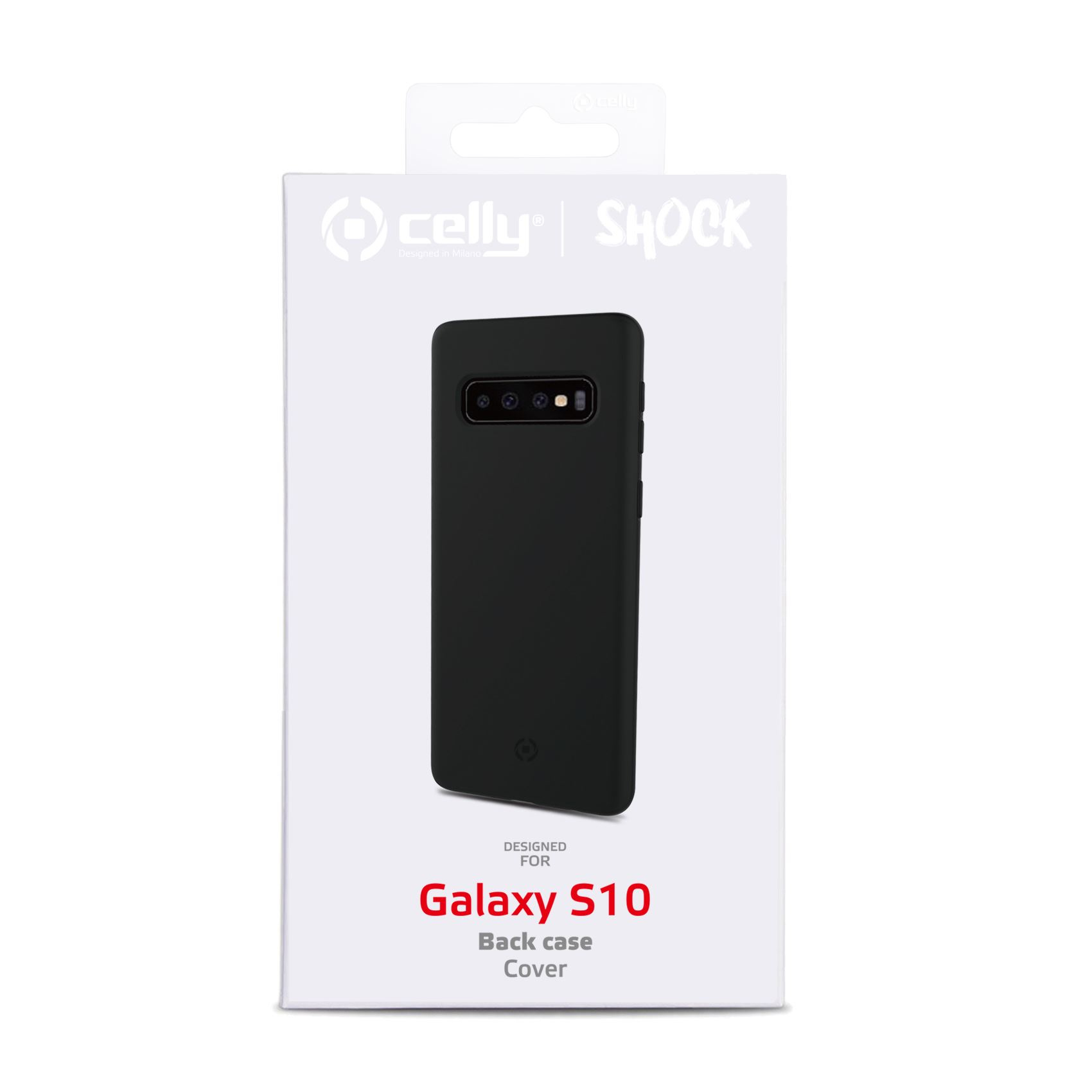 Una confezione di custodia per telefono su sfondo bianco. La confezione contiene una custodia Galaxy S10.