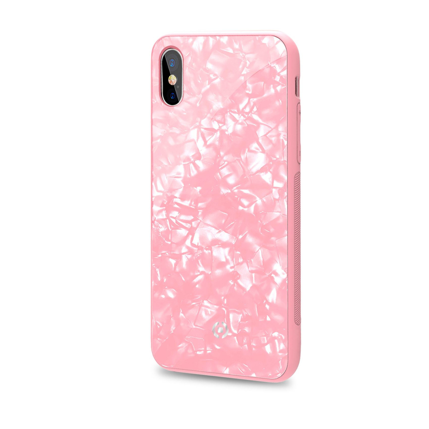 Custodia per telefono rosa con un motivo lucido.
