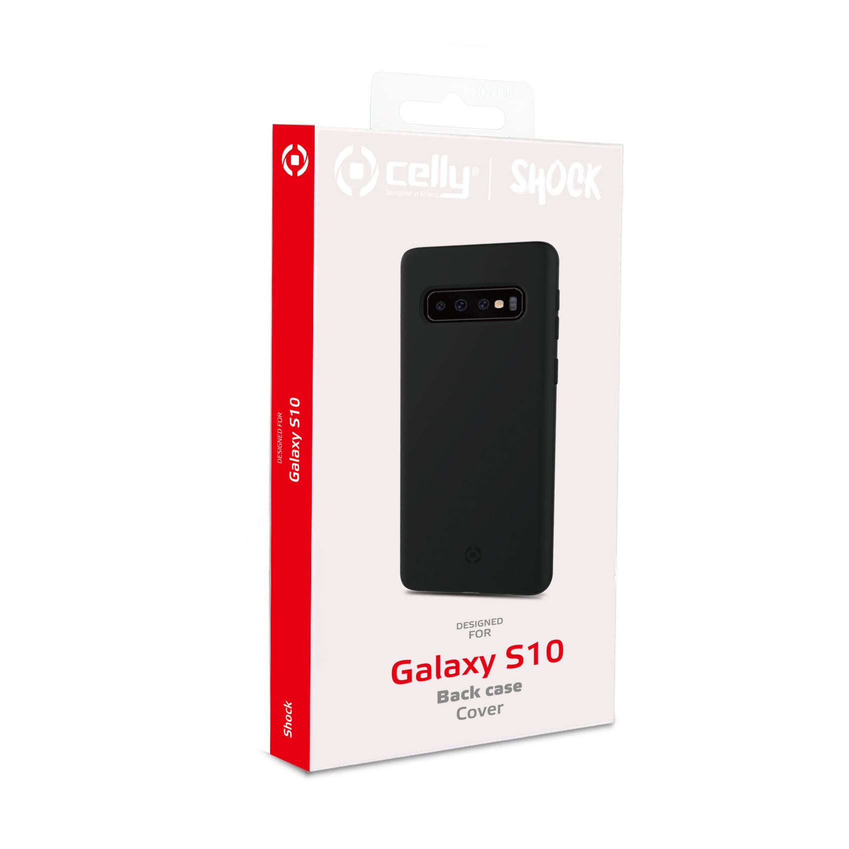 Una confezione di custodia per telefono su sfondo bianco. La confezione è rossa e ha una custodia Galaxy S10.