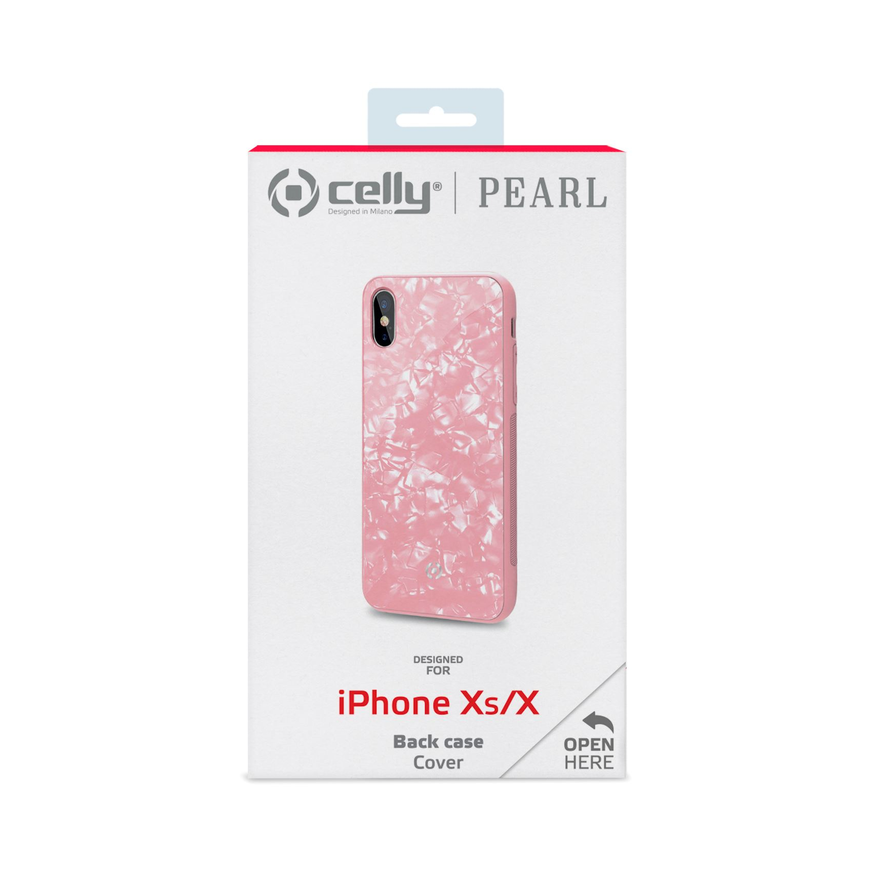 Custodia per telefono rosa in una scatola. La parte anteriore della scatola dice iPhone Xs/X.