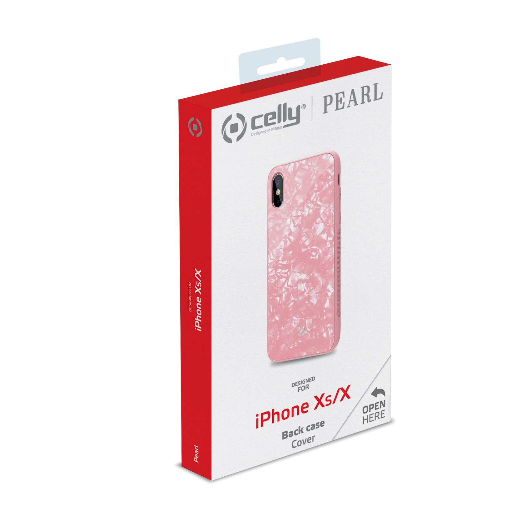 Una confezione di custodia per telefono con un design in marmo rosa su sfondo bianco. È per iPhone Xs/X.