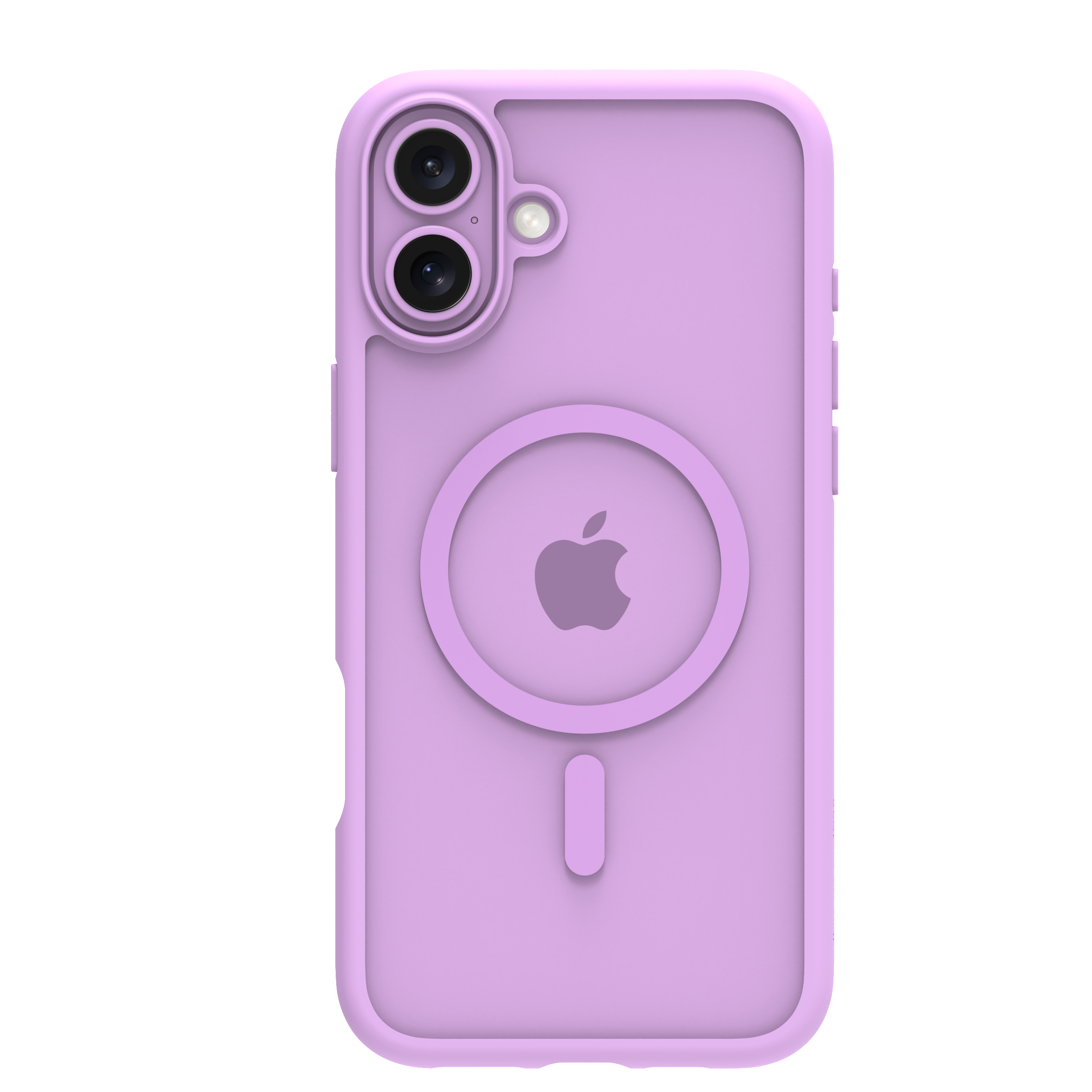Custodia lilla per telefono con fori per fotocamera e MagSafe circolare. Logo Apple al centro. Retro lilla.