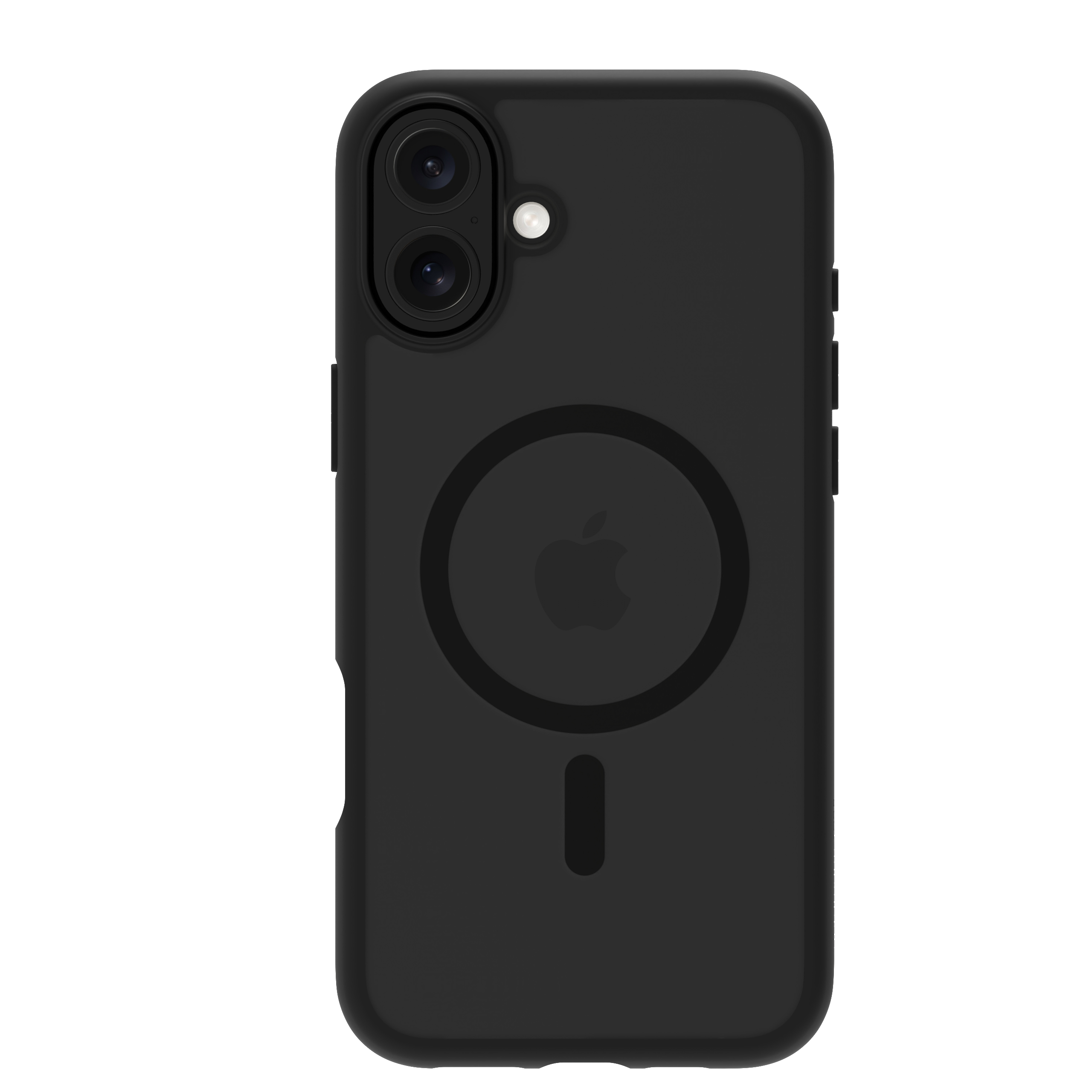 Custodia per telefono nera con logo Apple e fotocamere. Su sfondo bianco.