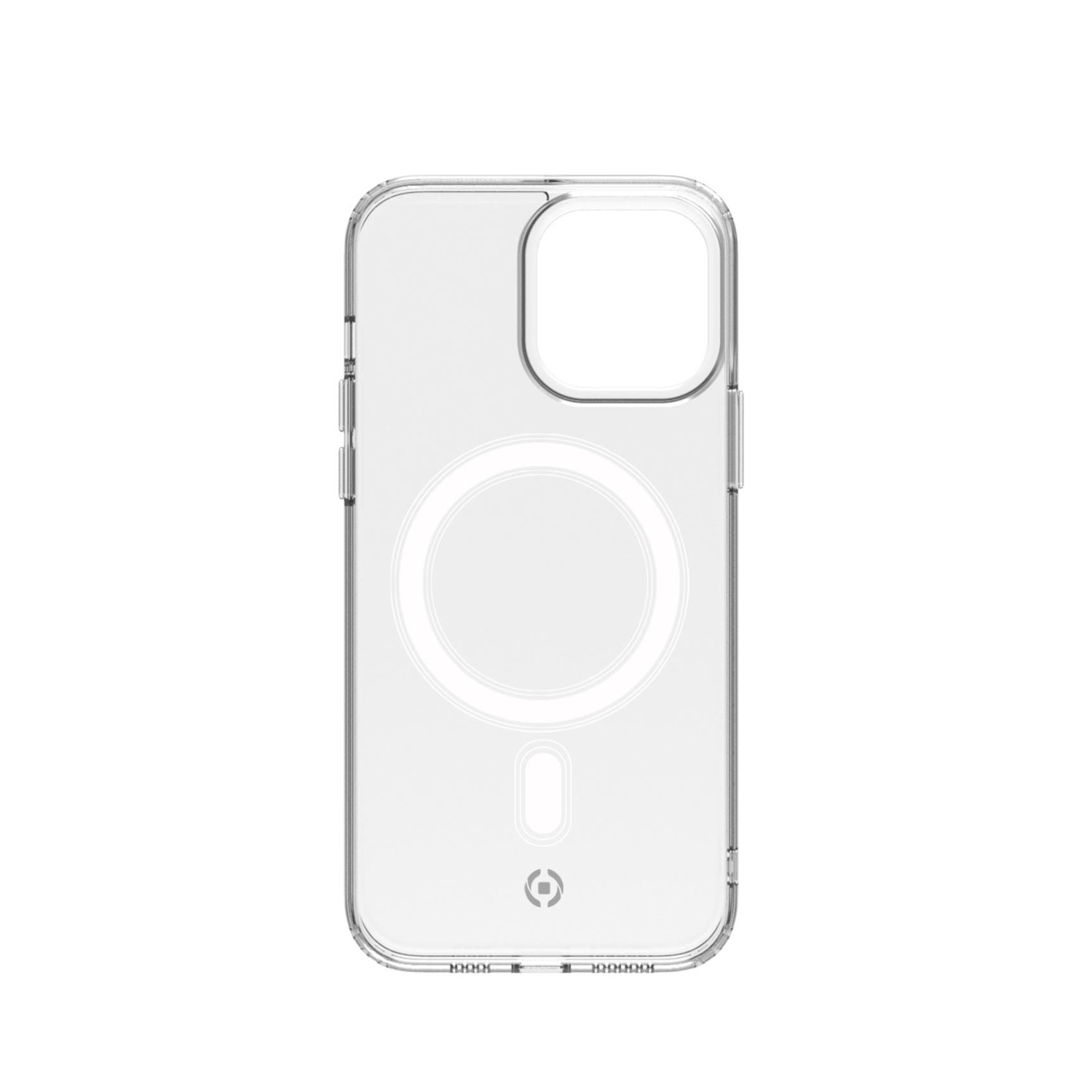 Custodia trasparente per telefono. Mostra il retro. Sfondo bianco.