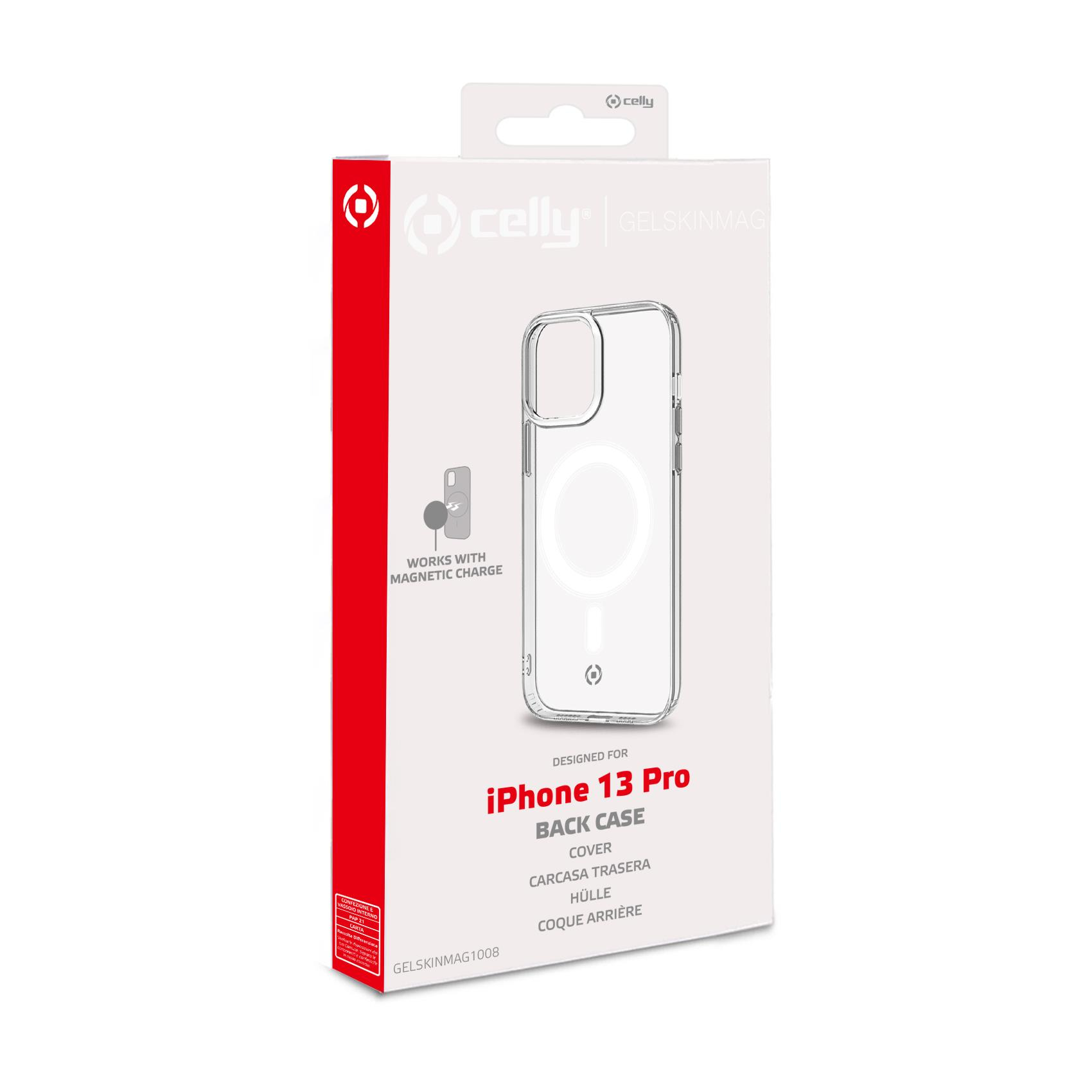 Scatola per custodia bianca per iPhone 13 Pro. Custodia trasparente visibile. Imballaggio rosso e bianco. Sfondo bianco.