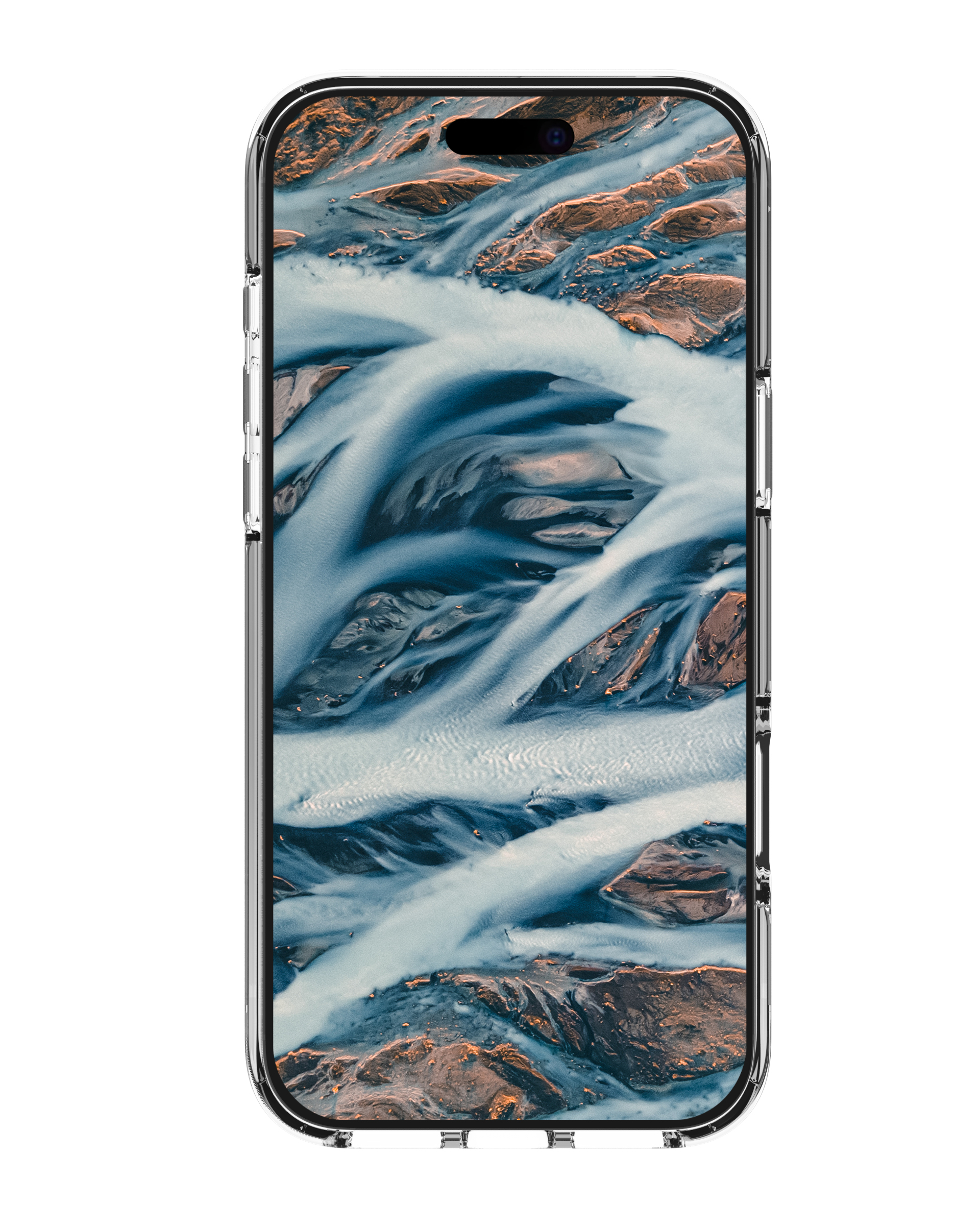Telefono in una custodia trasparente con un'opera d'arte di un fiume. La vista è aerea. Sfondo bianco.