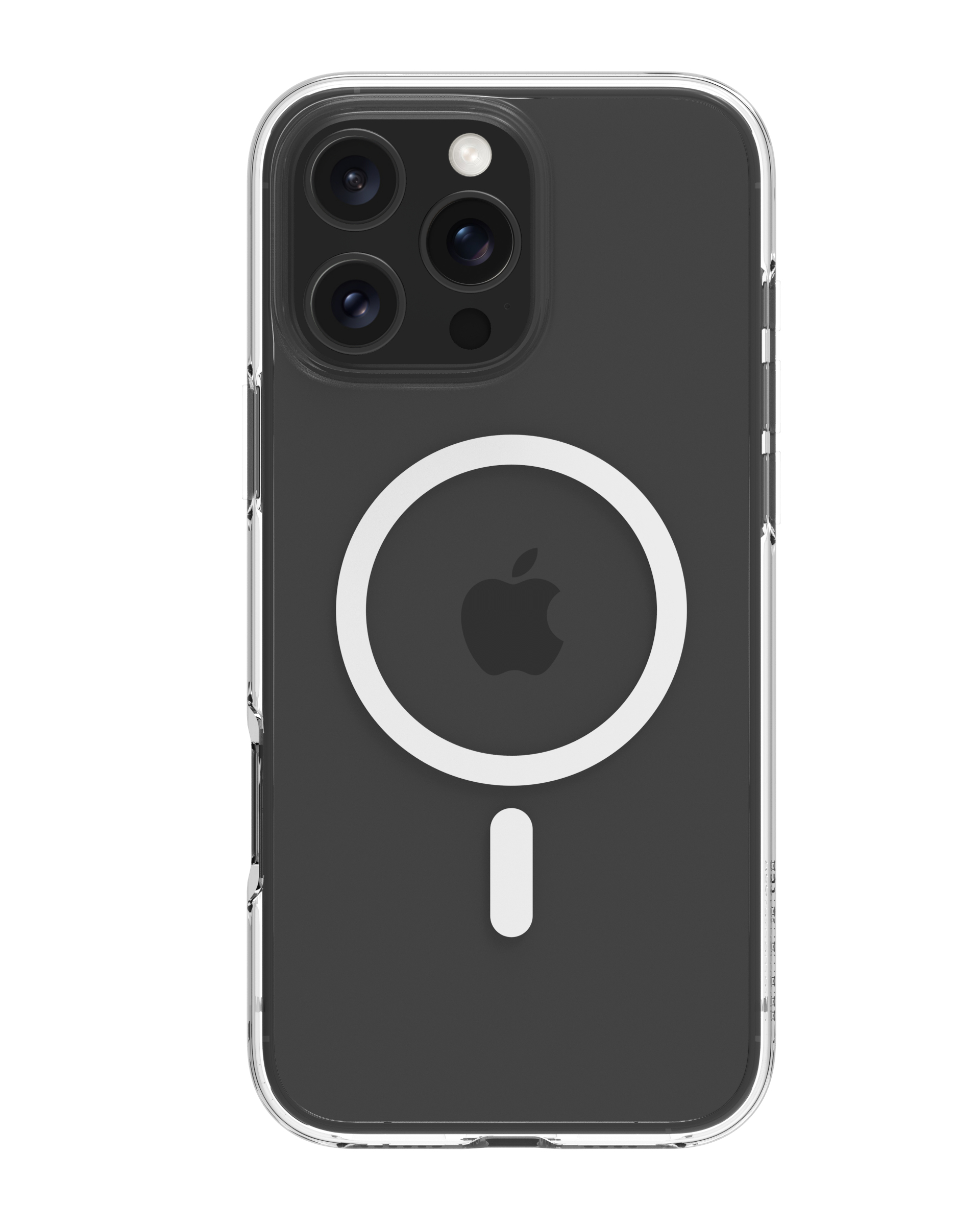 Custodia trasparente per iPhone su iPhone nero. Parte posteriore del telefono visibile con il logo Apple. Sfondo bianco.