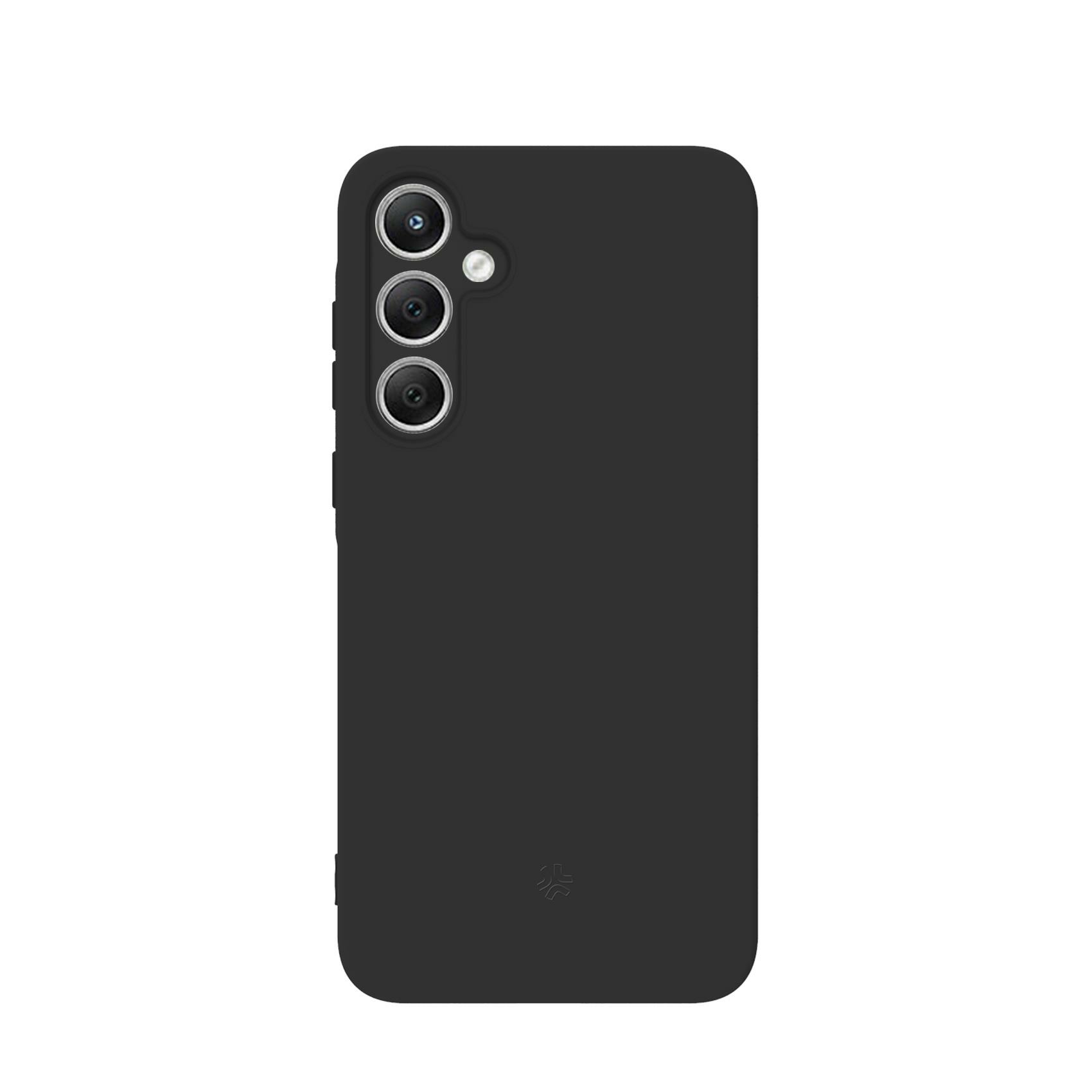 Custodia nera per telefono. Vista posteriore con tre lenti. Colore nero e logo.