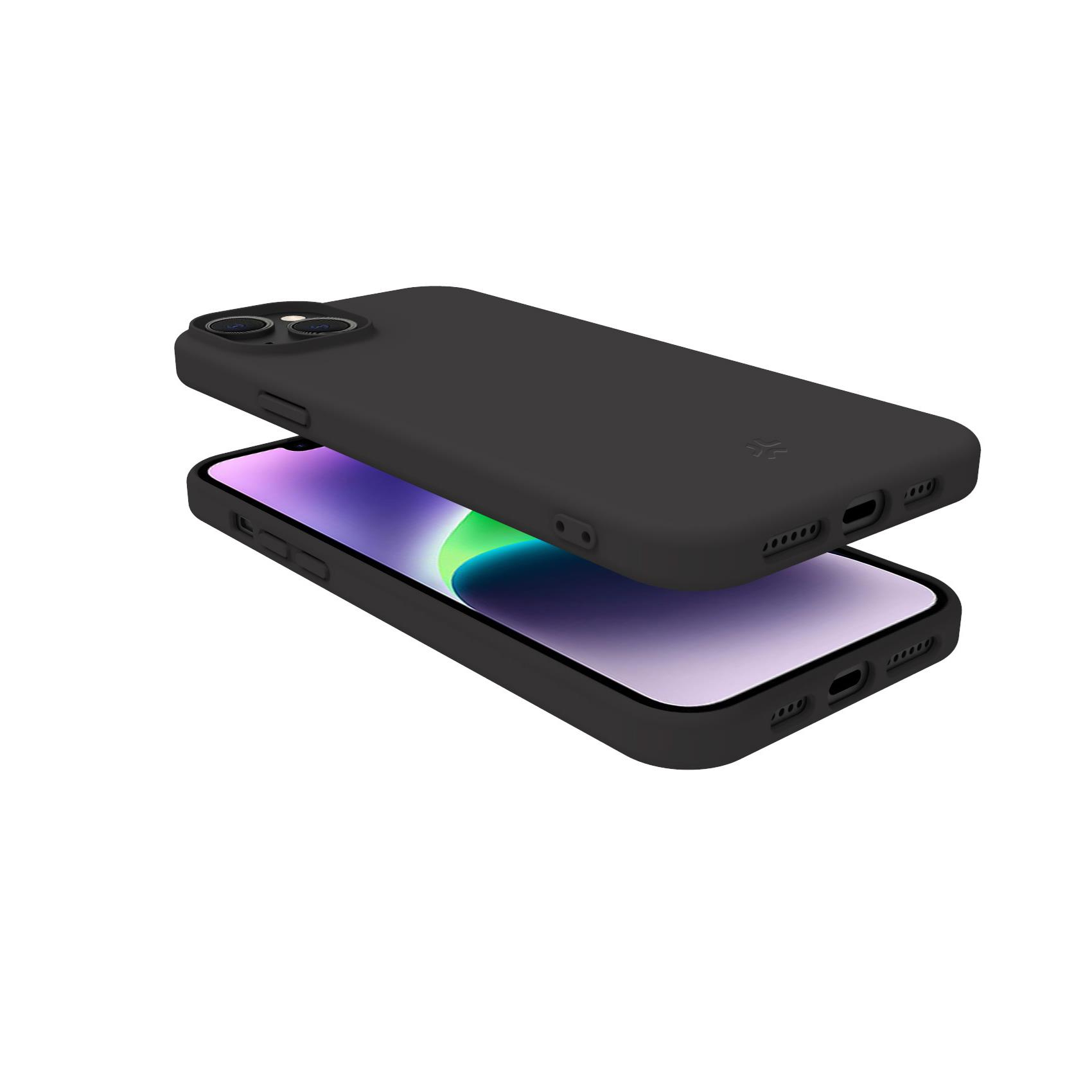 Custodia nera su un telefono. Lo schermo mostra uno sfondo colorato.