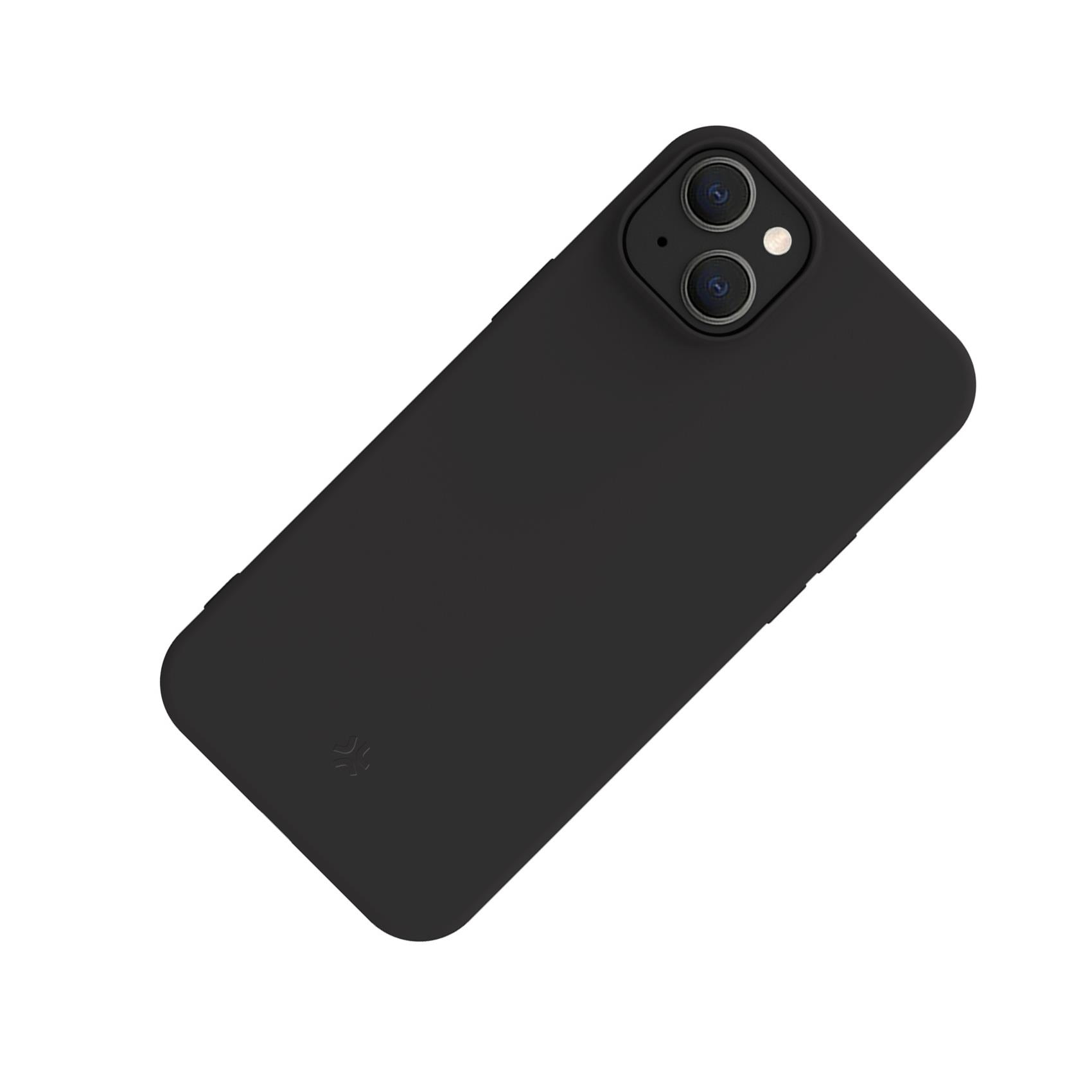 Custodia nera per telefono. Vista posteriore del telefono. Colore nero e logo.