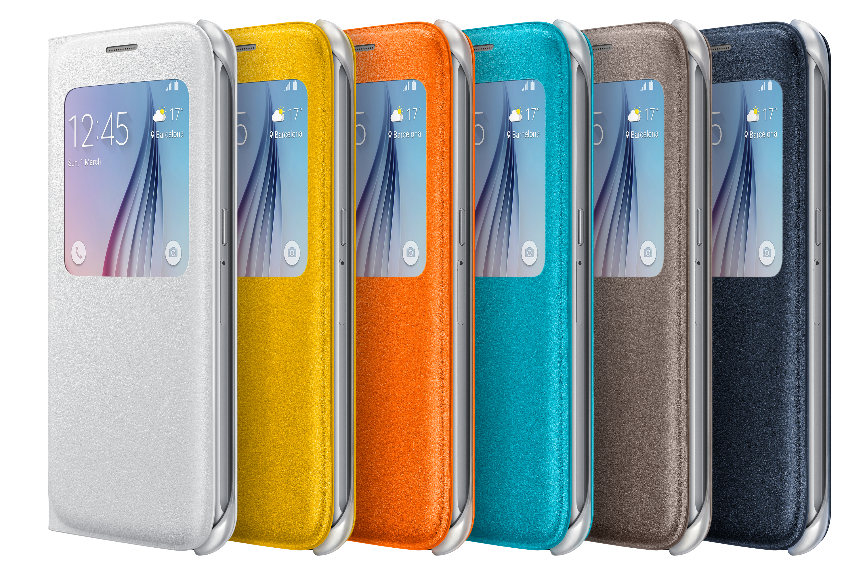 Sei custodie per telefono in vari colori: bianco, giallo, arancione, verde acqua, marrone e blu navy. Tutte chiuse.