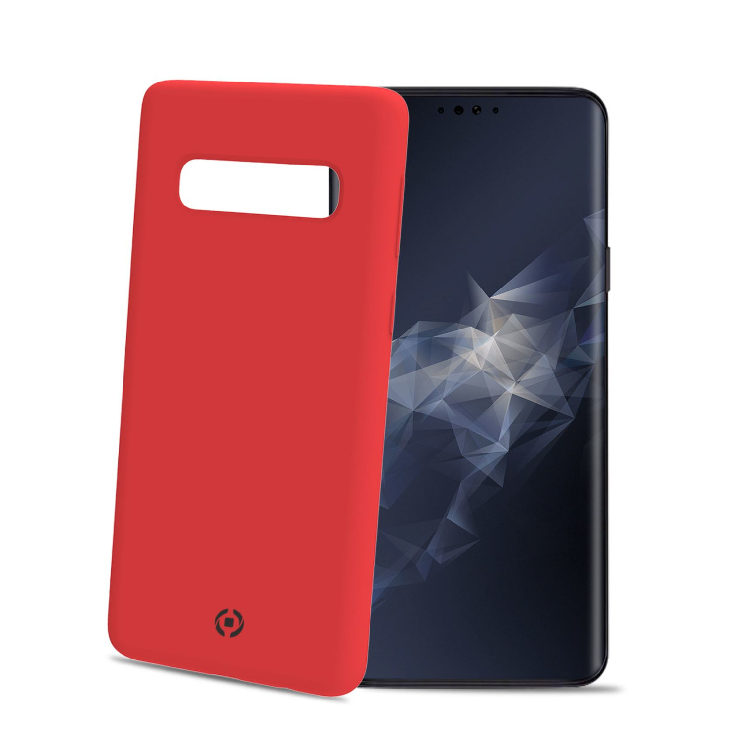 Custodia per telefono rossa e smartphone nero. La custodia è leggermente aperta, schermo visibile.