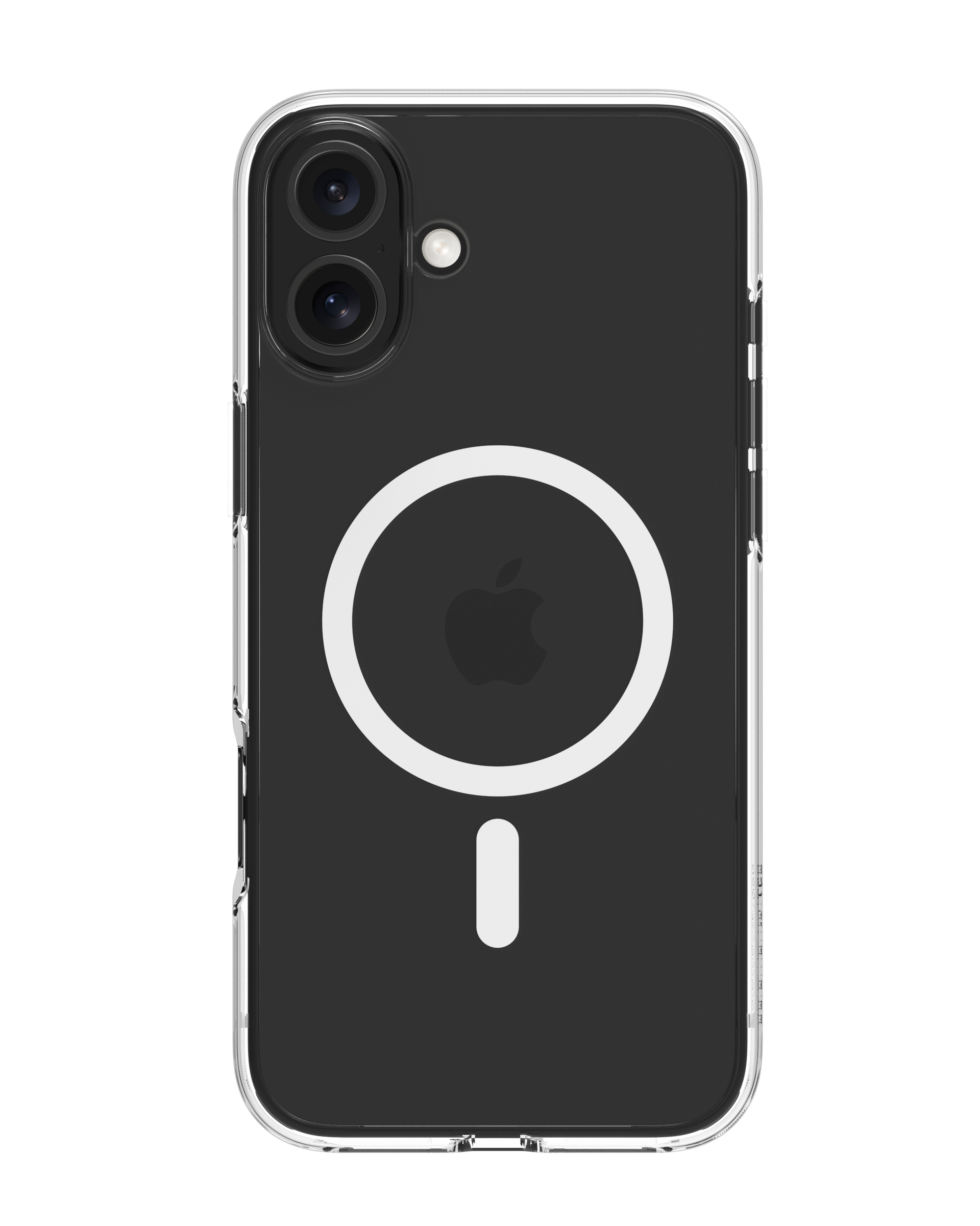 Custodia trasparente per iPhone con cornice nera. Logo Apple e fotocamera visibili.
