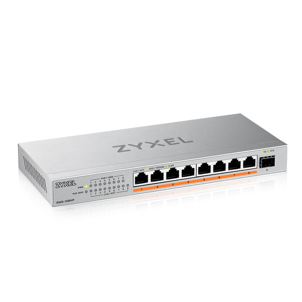 Switch Zyxel argento con più porte. Sfondo bianco, con logo Zyxel in alto.