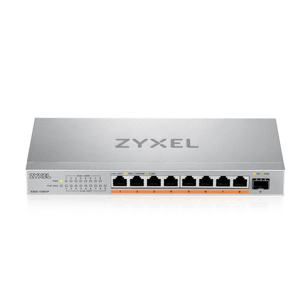 Switch Zyxel argento con più porte. Sfondo bianco, logo Zyxel in alto.