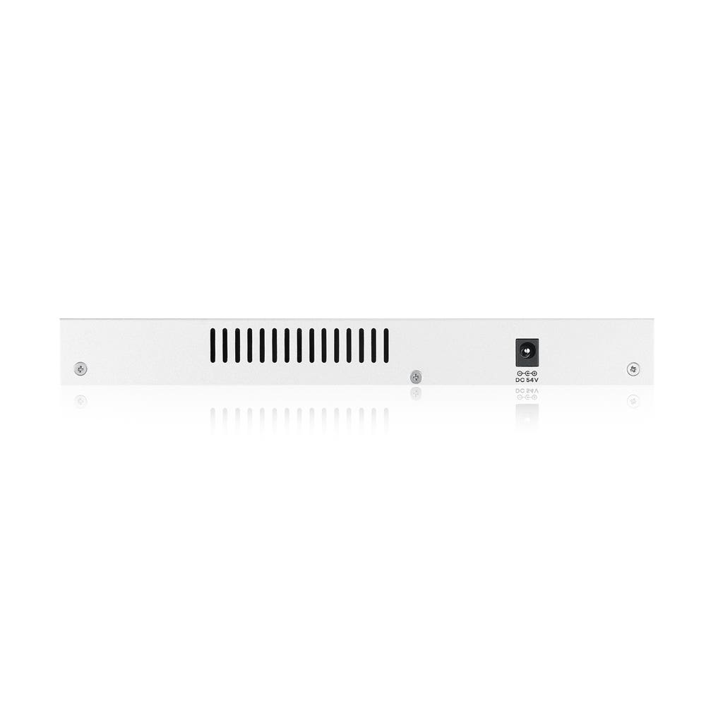 Switch di rete bianco, vista posteriore, con porte e ingresso alimentazione. Sfondo bianco.