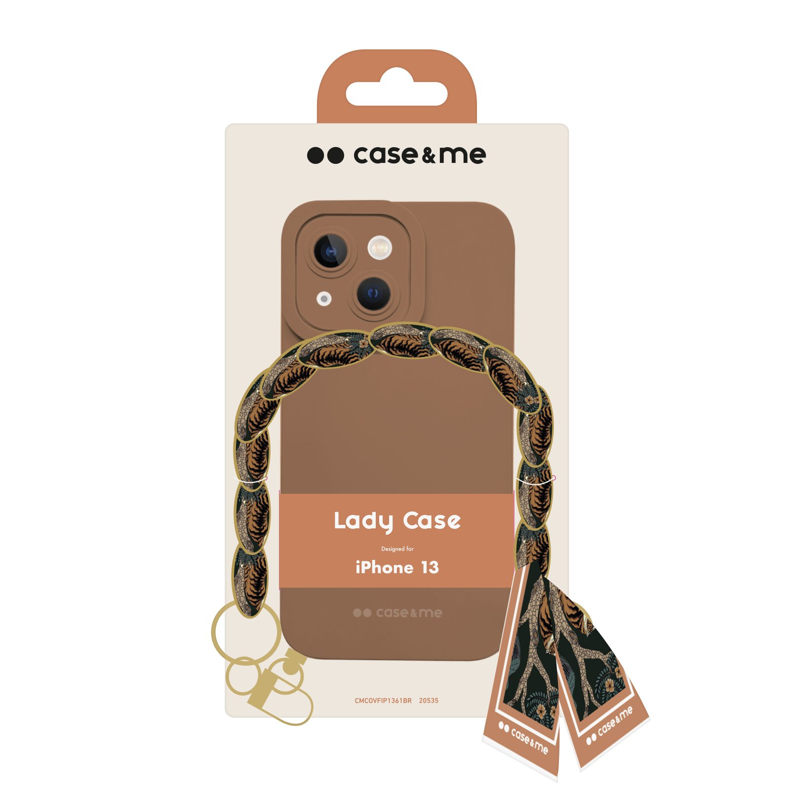Una funda de teléfono marrón con una correa. La correa es marrón con un diseño de tigre. La caja está presente.