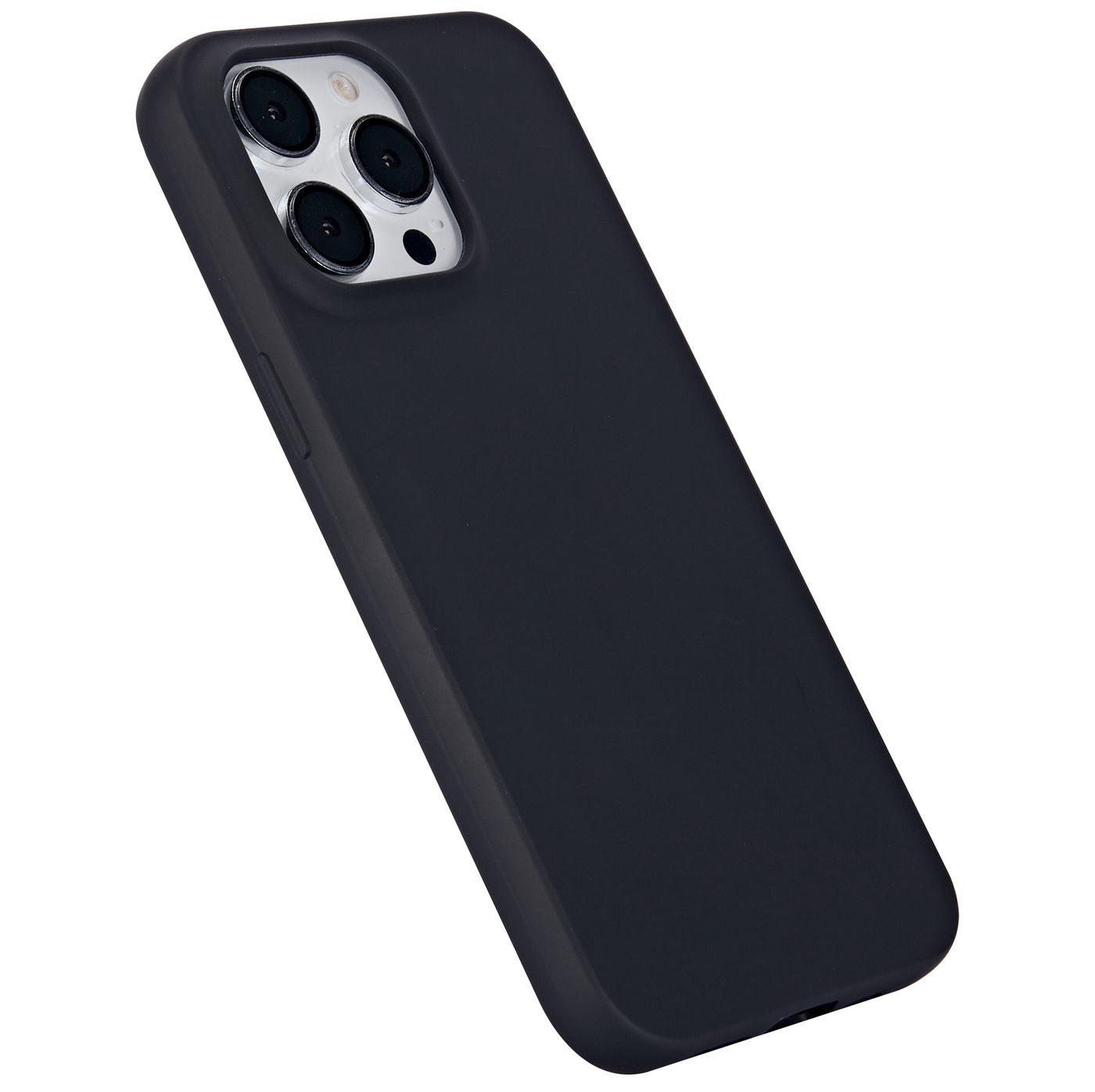 Una custodia nera per telefono con fotocamera. Lo sfondo è bianco.
