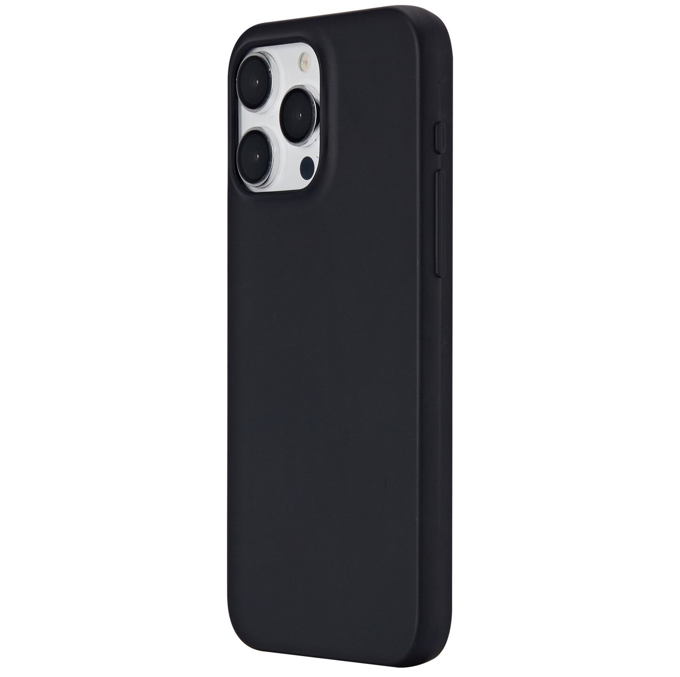 Una custodia nera per telefono con fotocamera. Lo sfondo è bianco.