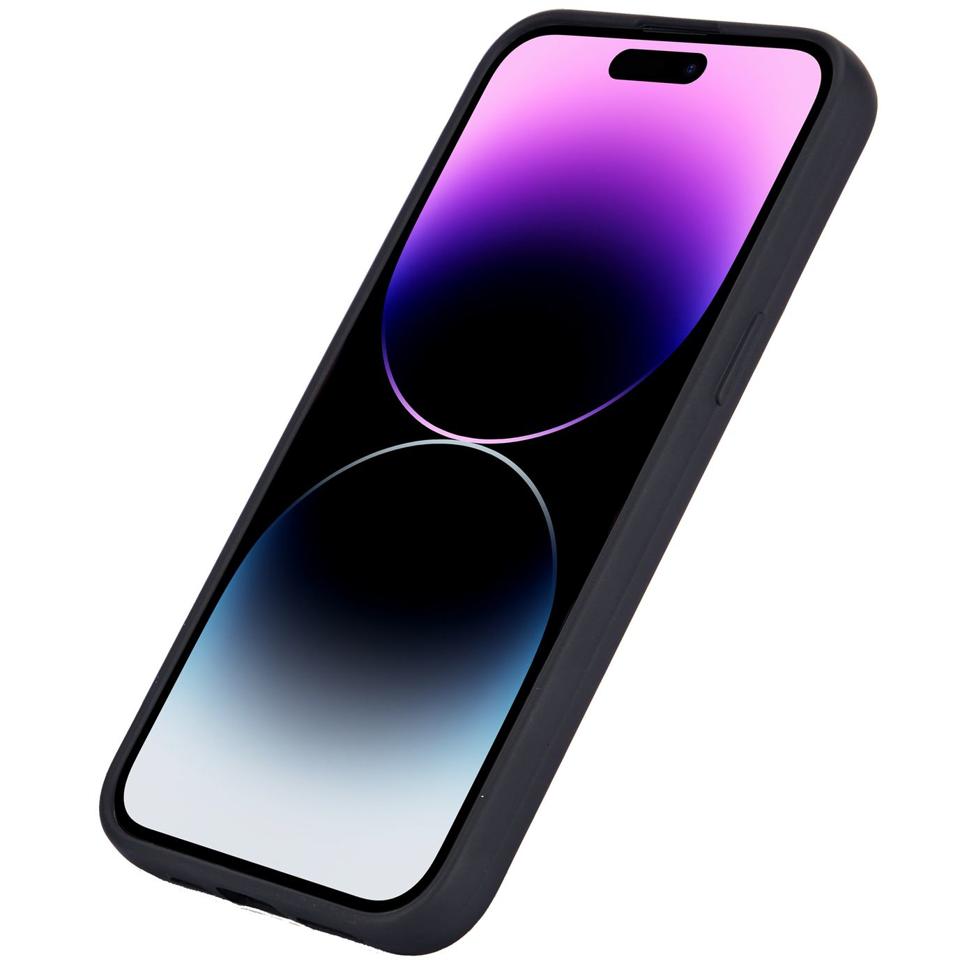 Un telefono con una custodia nera. Lo schermo mostra un display viola e nero. Sfondo bianco.