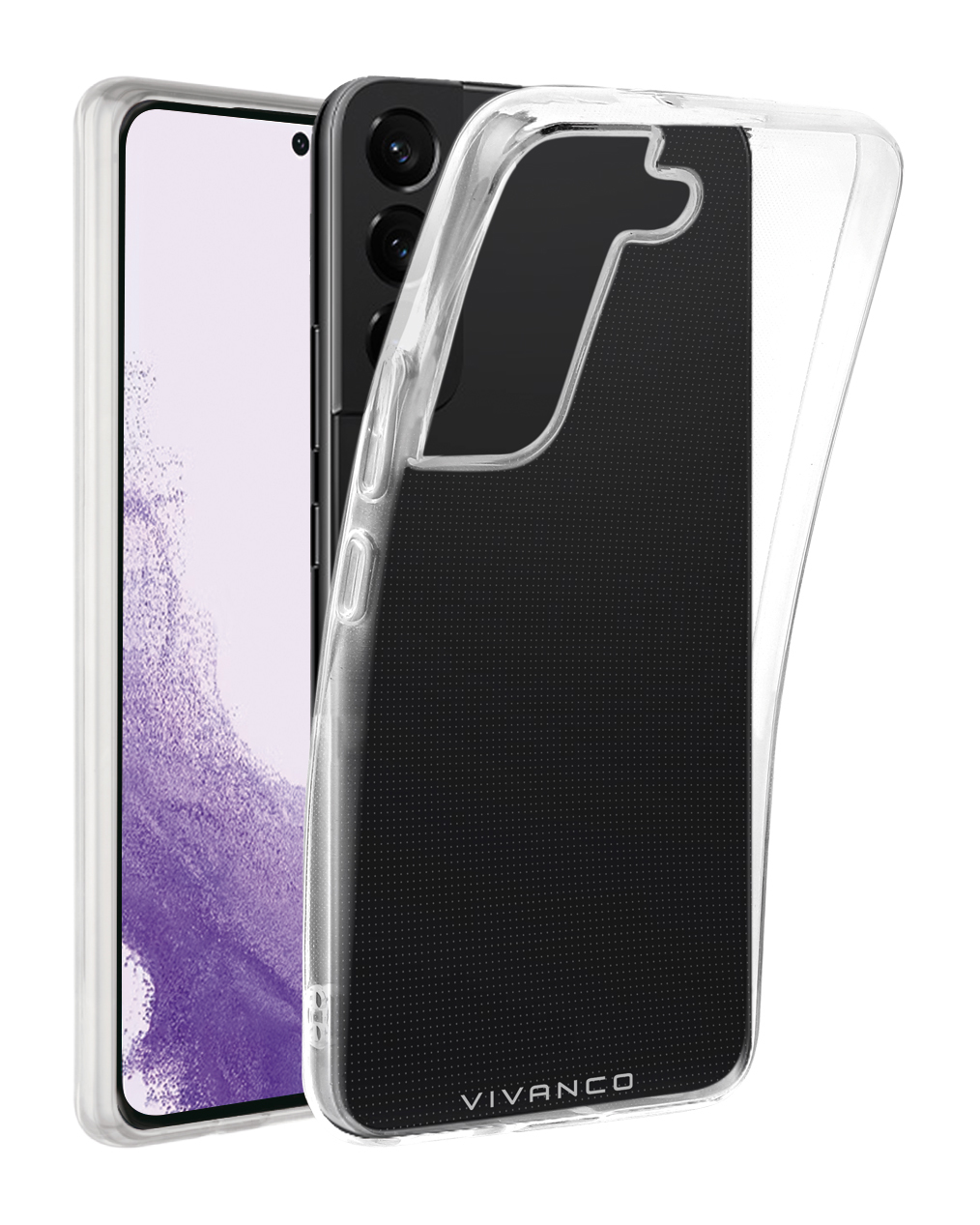 Custodia trasparente per telefono sul telefono. Logo Vivanco. Sfondo bianco.