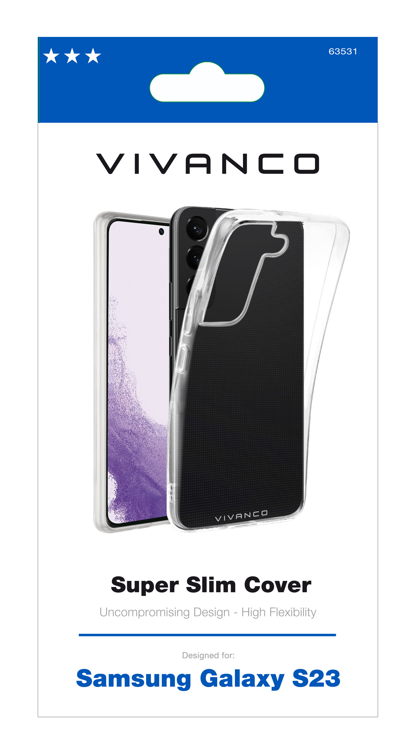 Custodia trasparente per telefono in scatola. Vivanco Super Slim Cover. Sfondo bianco.