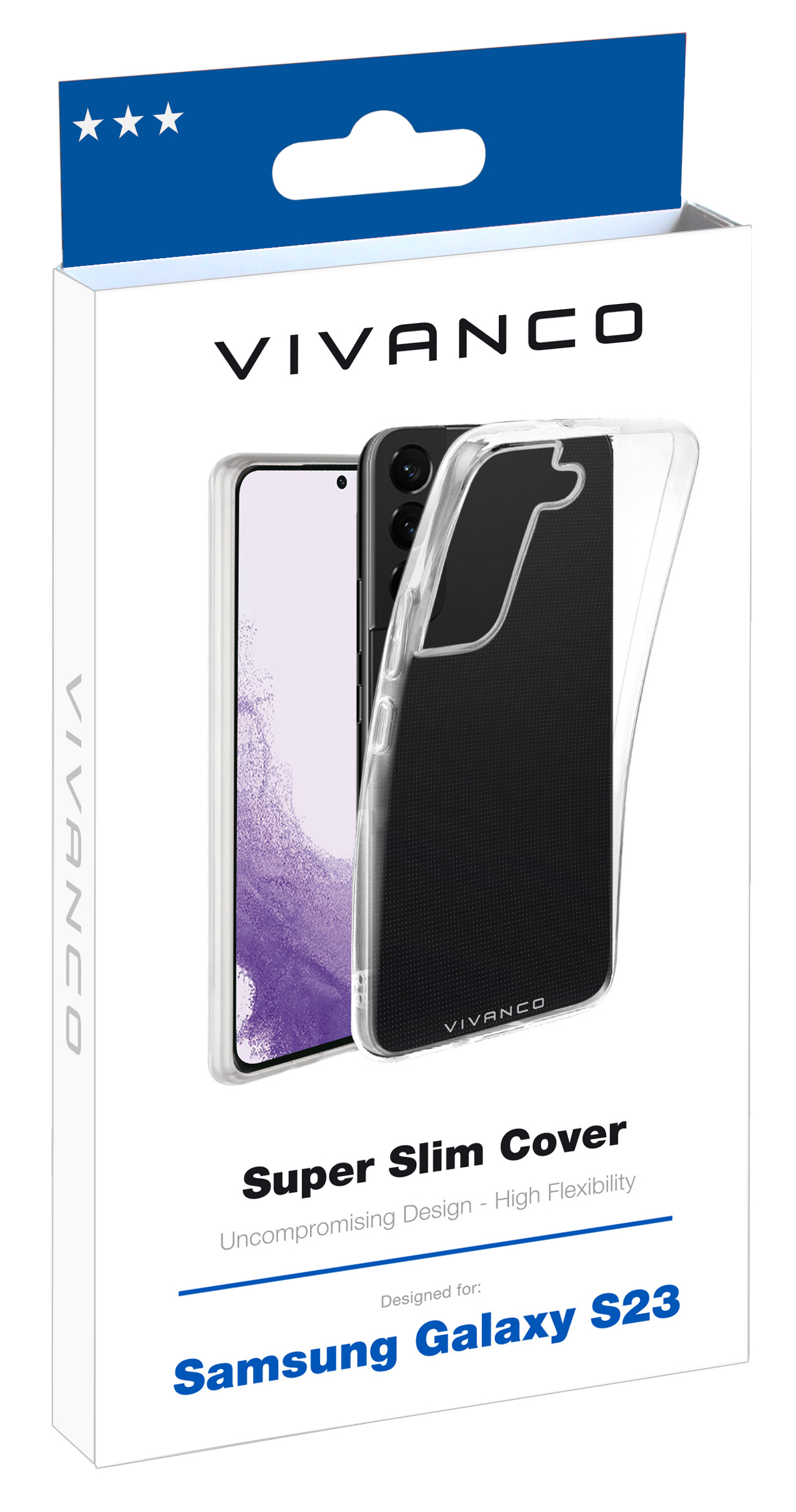 Custodia trasparente per telefono in scatola. Vivanco Super Slim Cover. Sfondo bianco.