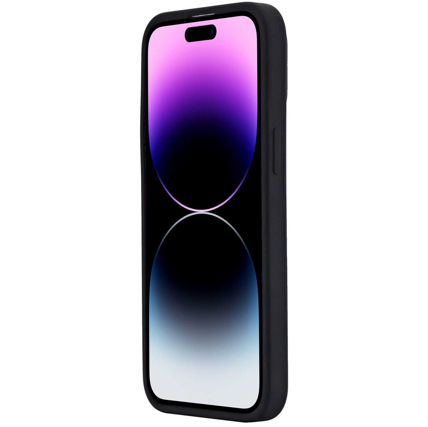 Custodia nera per telefono con telefono. Schermo viola e blu. Sfondo bianco.