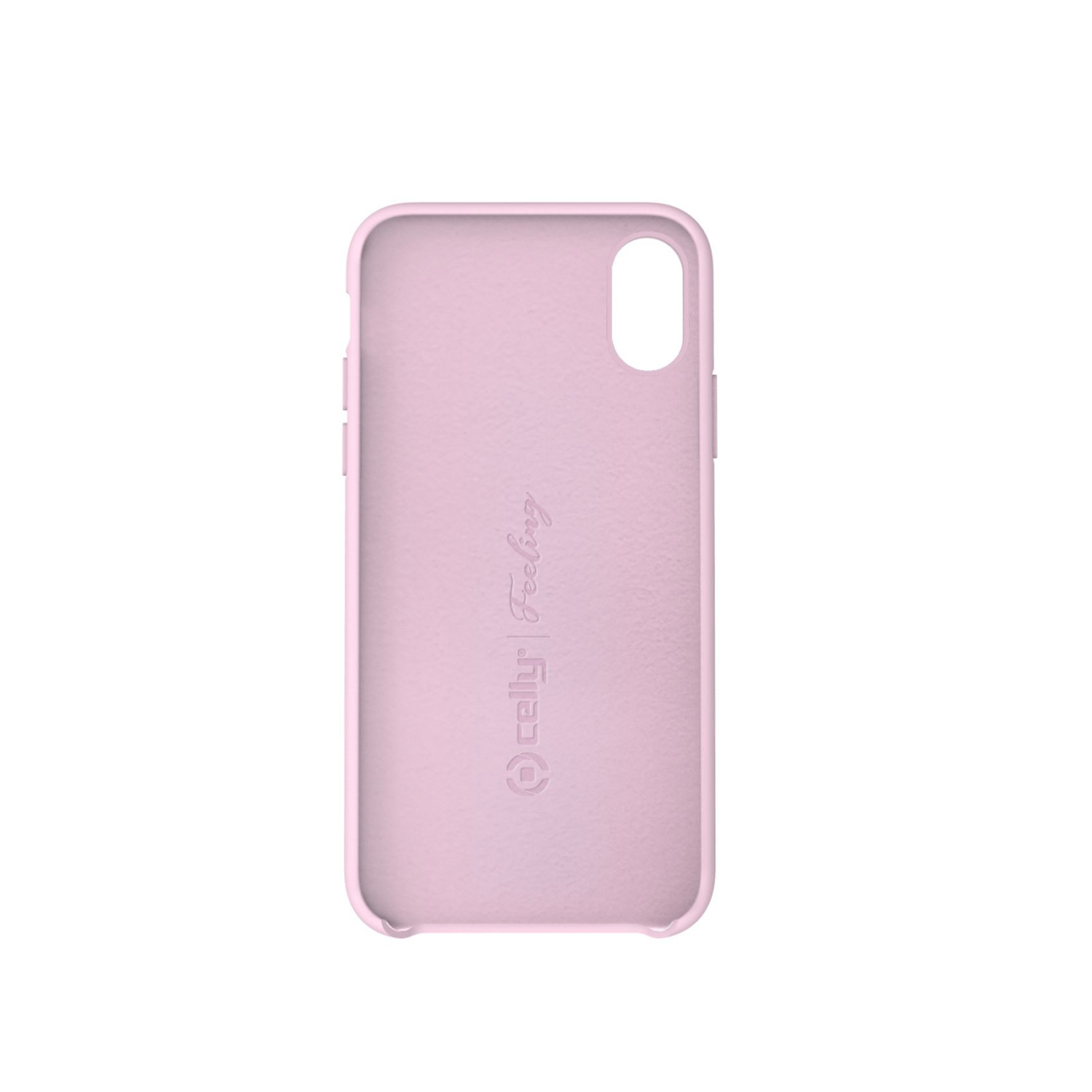 Custodia rosa per telefono. Marchio Celly Feelbay. Sfondo bianco.