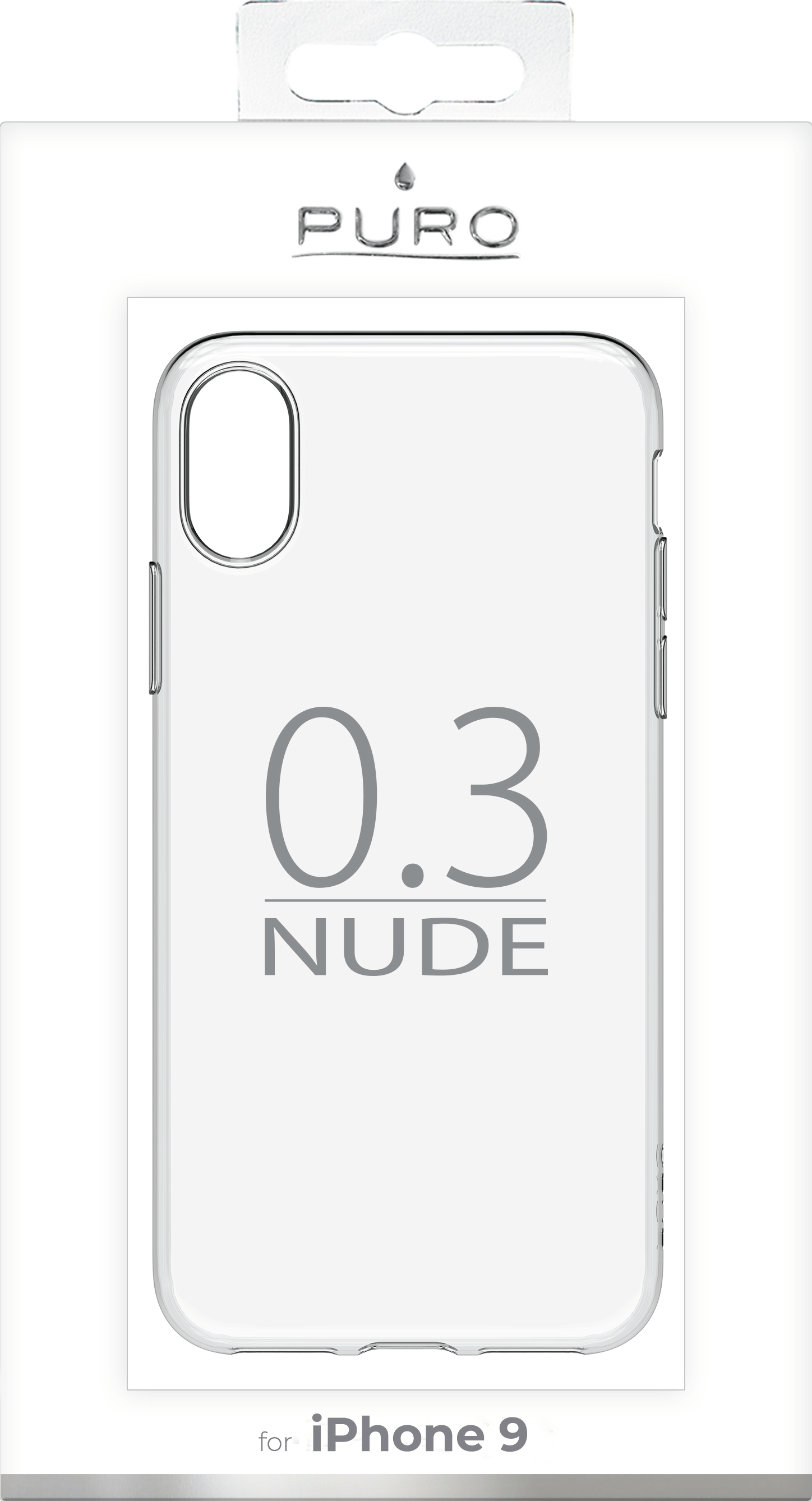 Custodia trasparente per telefono in una scatola. Testo sulla custodia: '0.3 NUDE'.