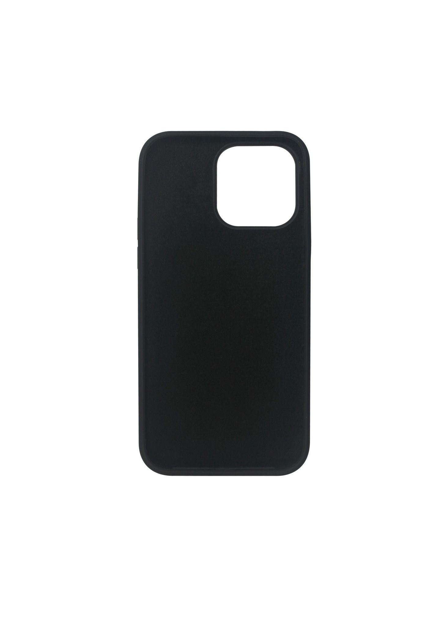 Custodia nera per telefono con ritaglio per fotocamera su sfondo bianco.