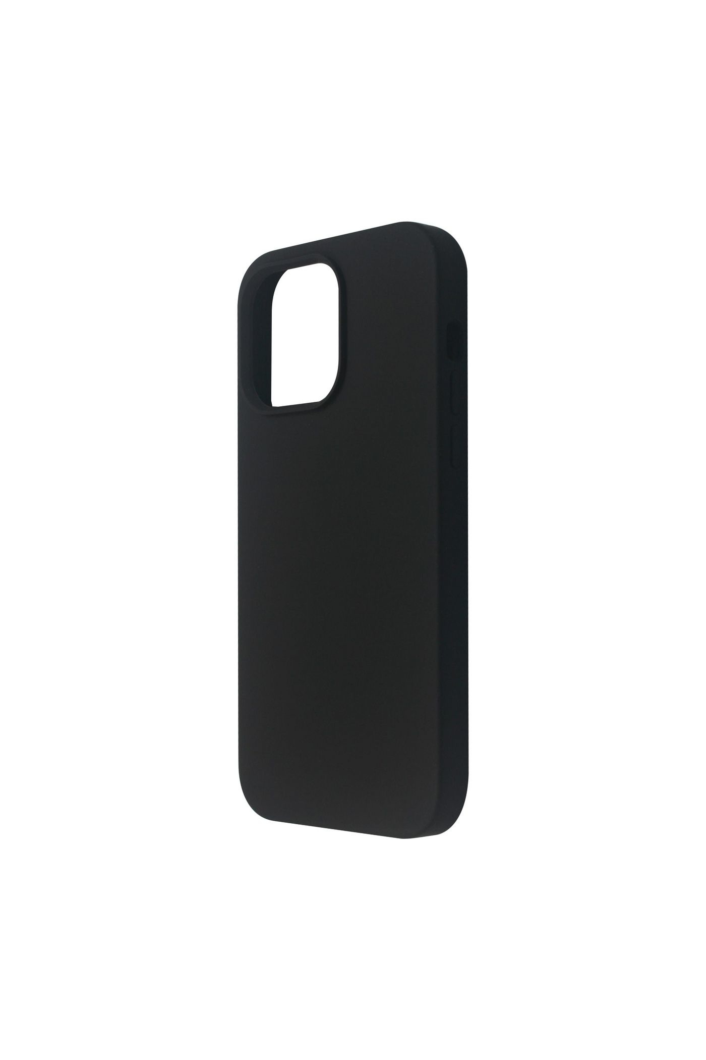 Custodia nera per telefono con ritaglio per fotocamera su sfondo bianco.