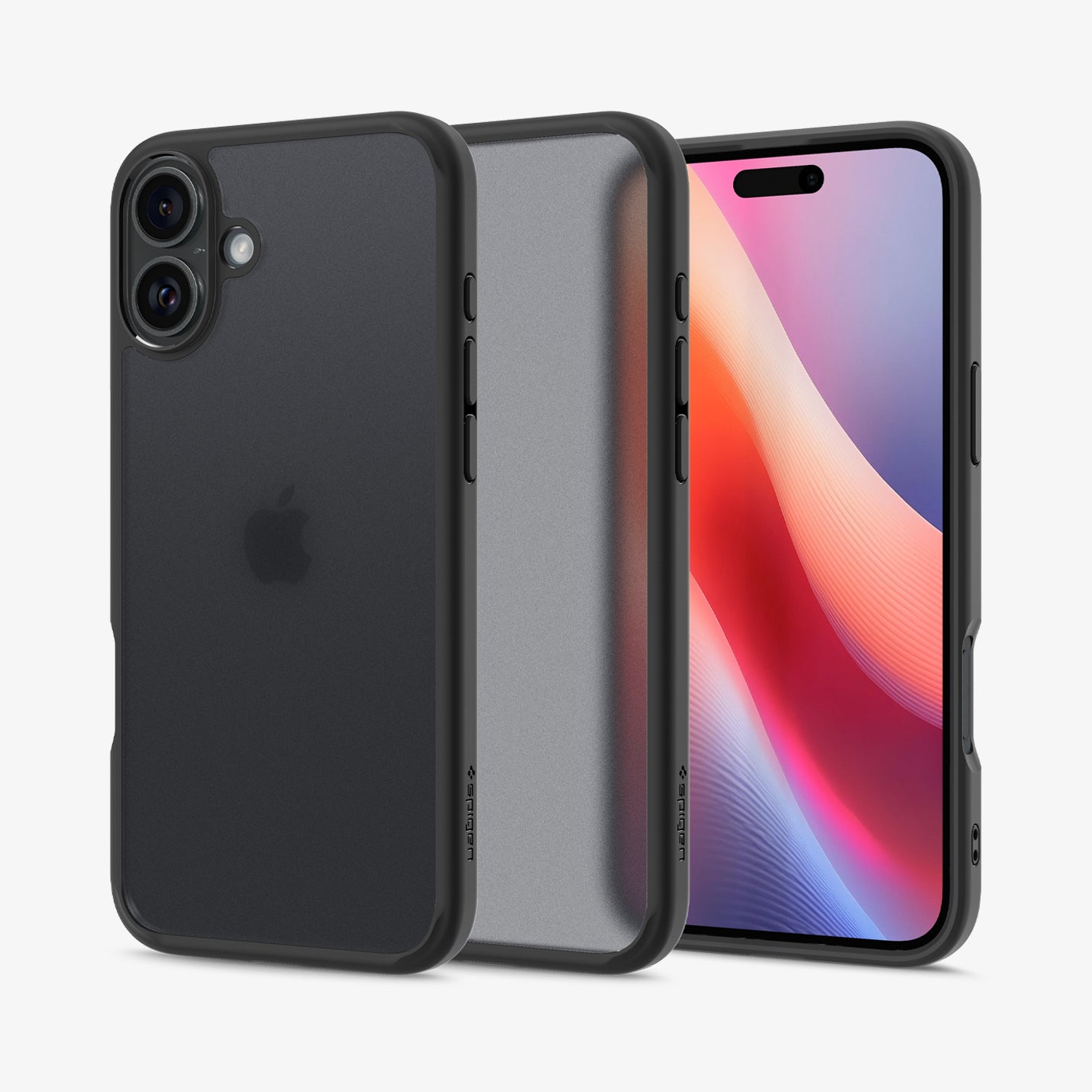 Tre custodie nere per telefono, una con logo Apple e un telefono con schermo.