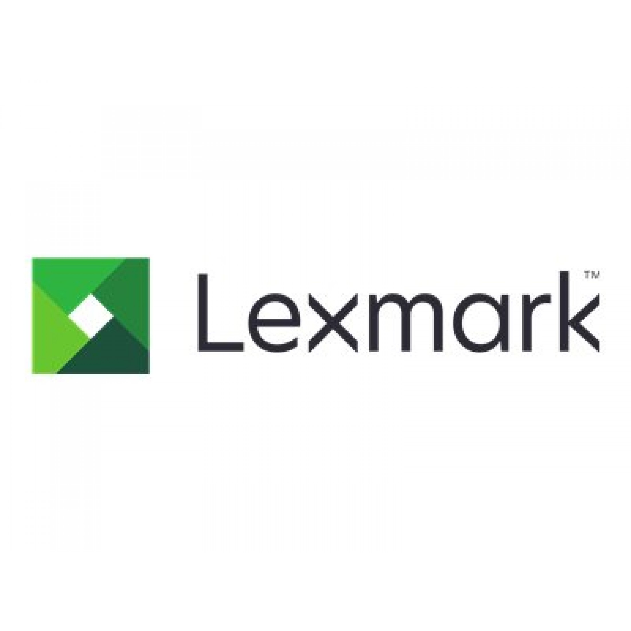 Logo Lexmark z zielono-białym wzorem na białym tle.