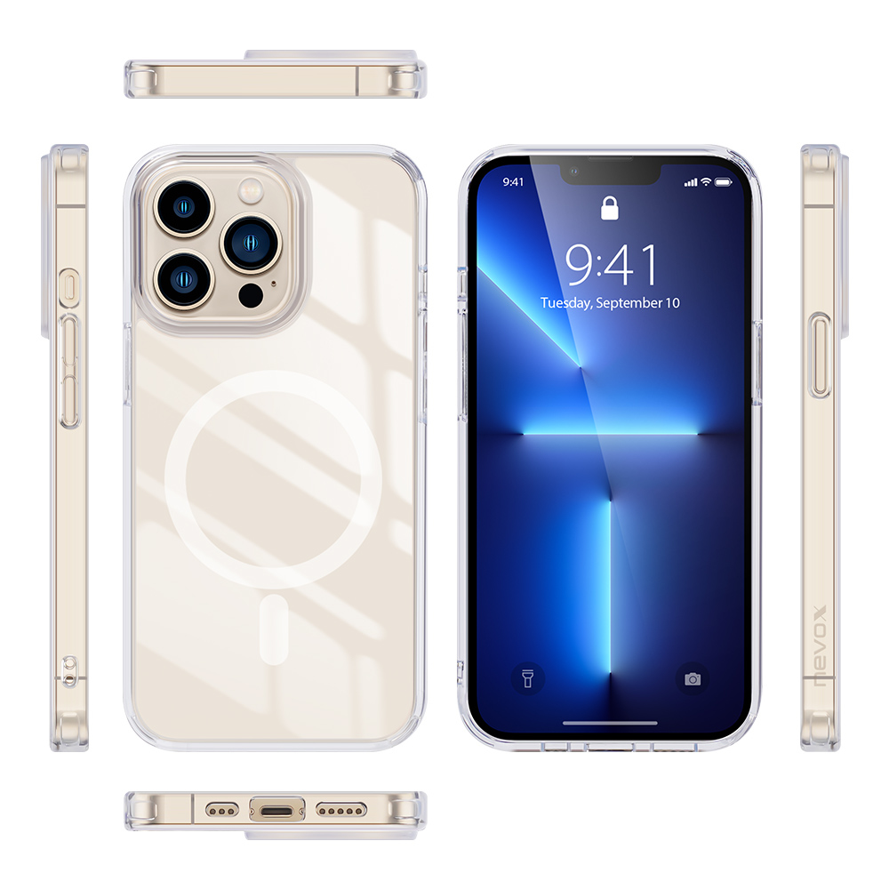 Telefono in una custodia trasparente, con più viste. Lo schermo mostra una sfumatura blu.