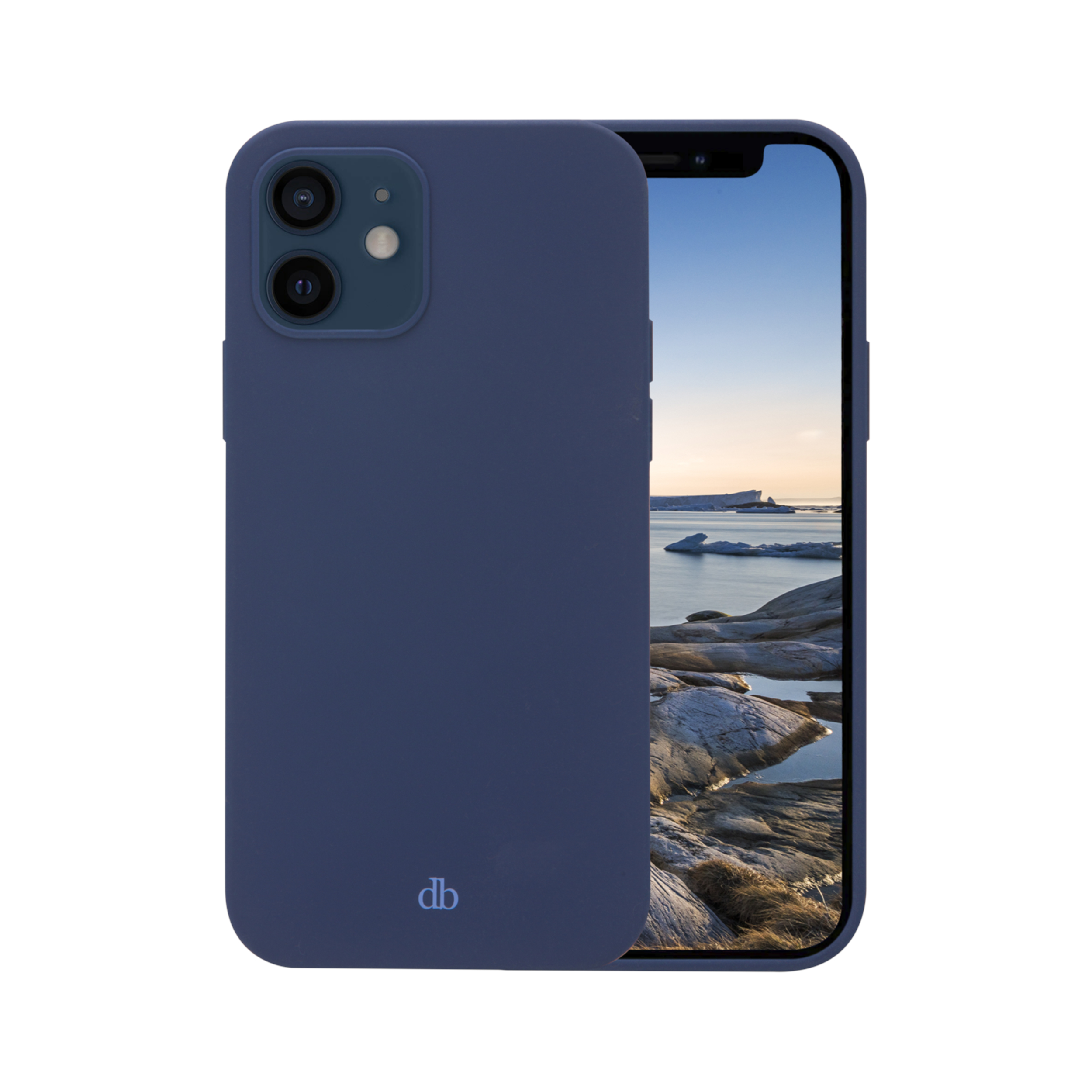Telefono blu con custodia blu scuro. Un'immagine di mare sullo schermo.