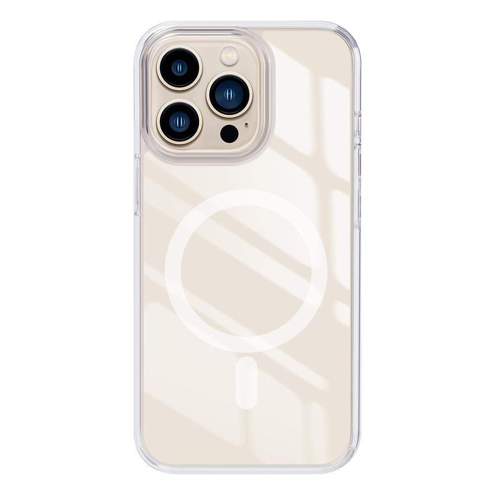 Custodia trasparente con ritaglio per la fotocamera e design a cerchio bianco sul retro.