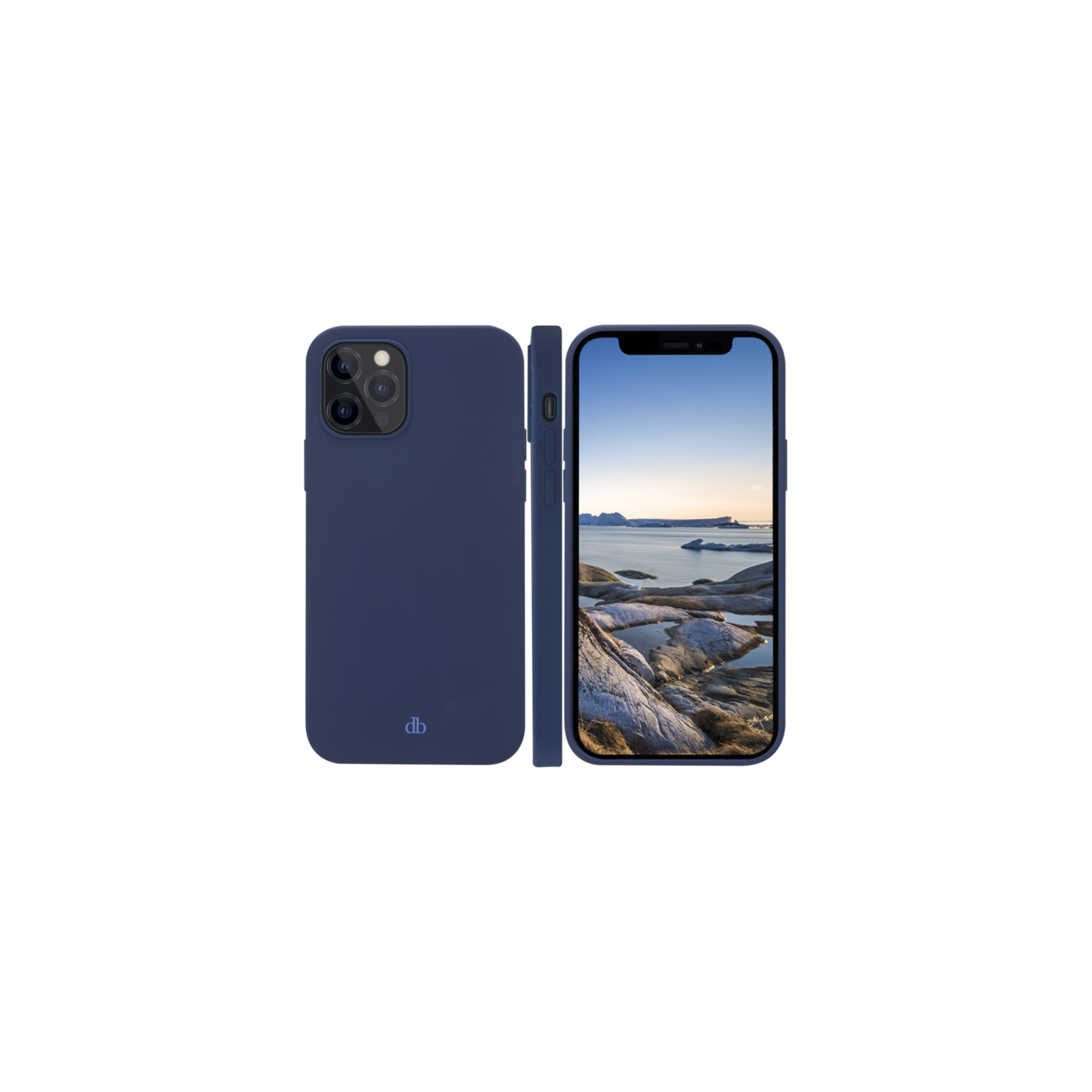Custodia blu navy con telefono. Vista laterale della custodia.