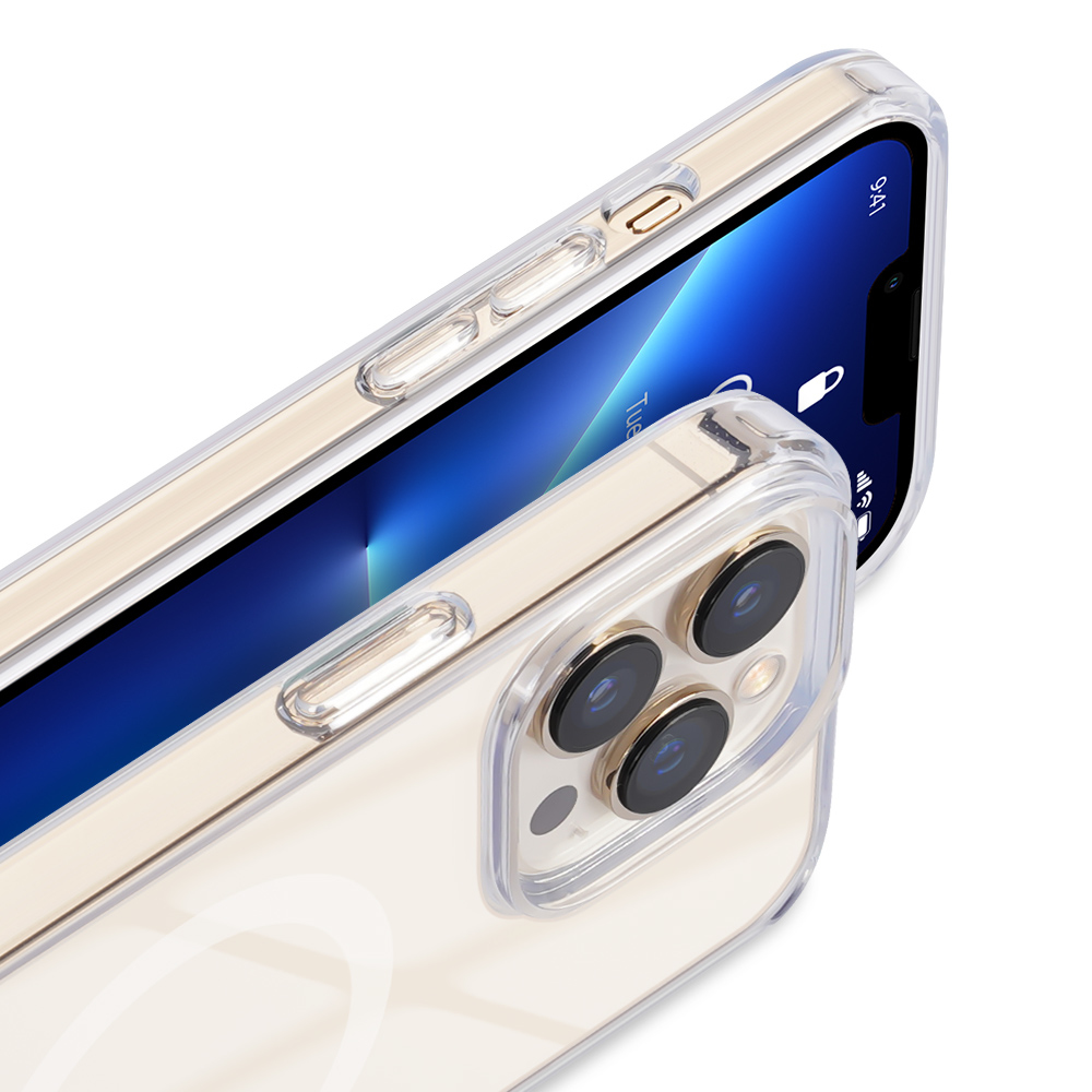 Primo piano di una custodia trasparente con un telefono. Il telefono mostra lo schermo.
