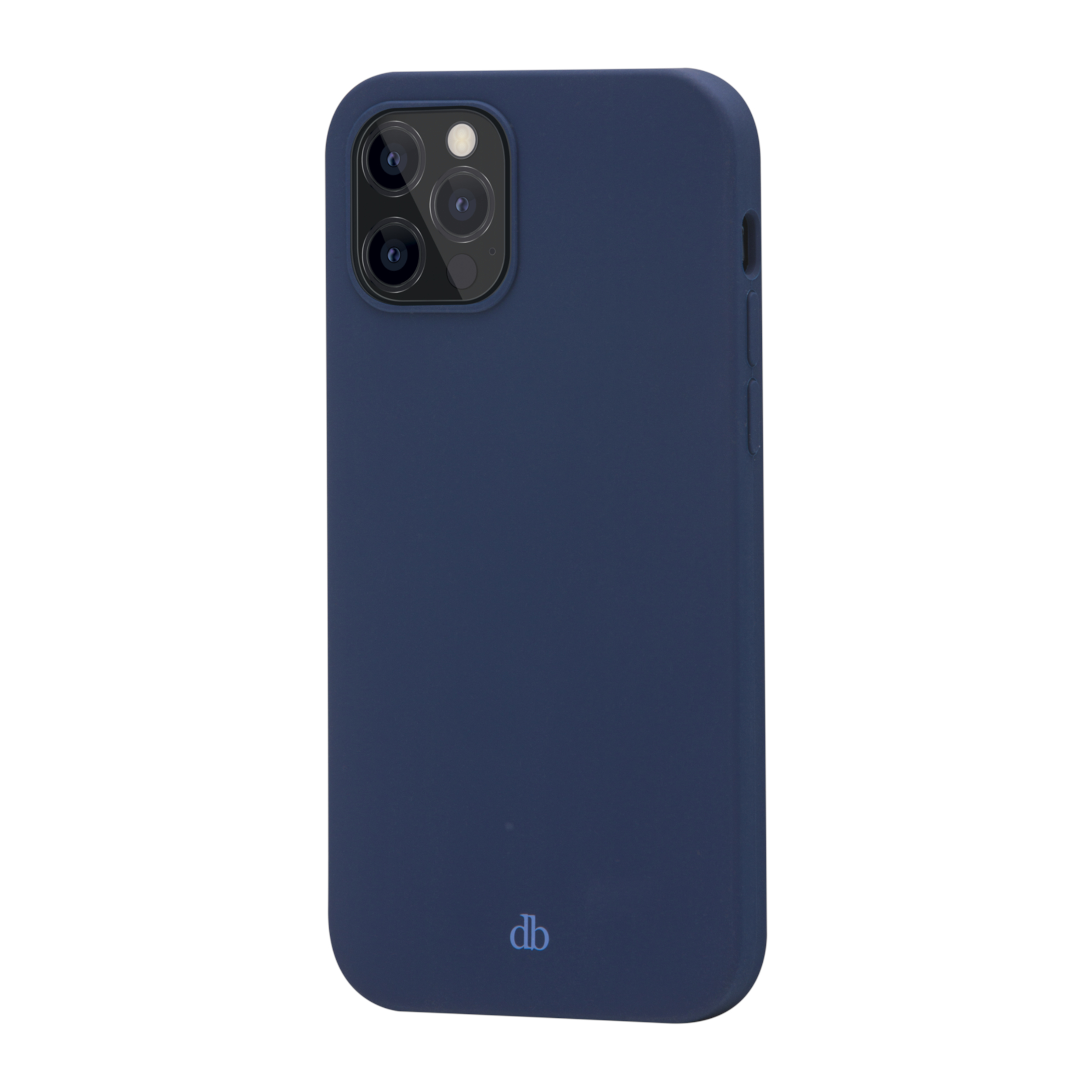 Custodia blu navy. Ha un ritaglio per la fotocamera e il logo.