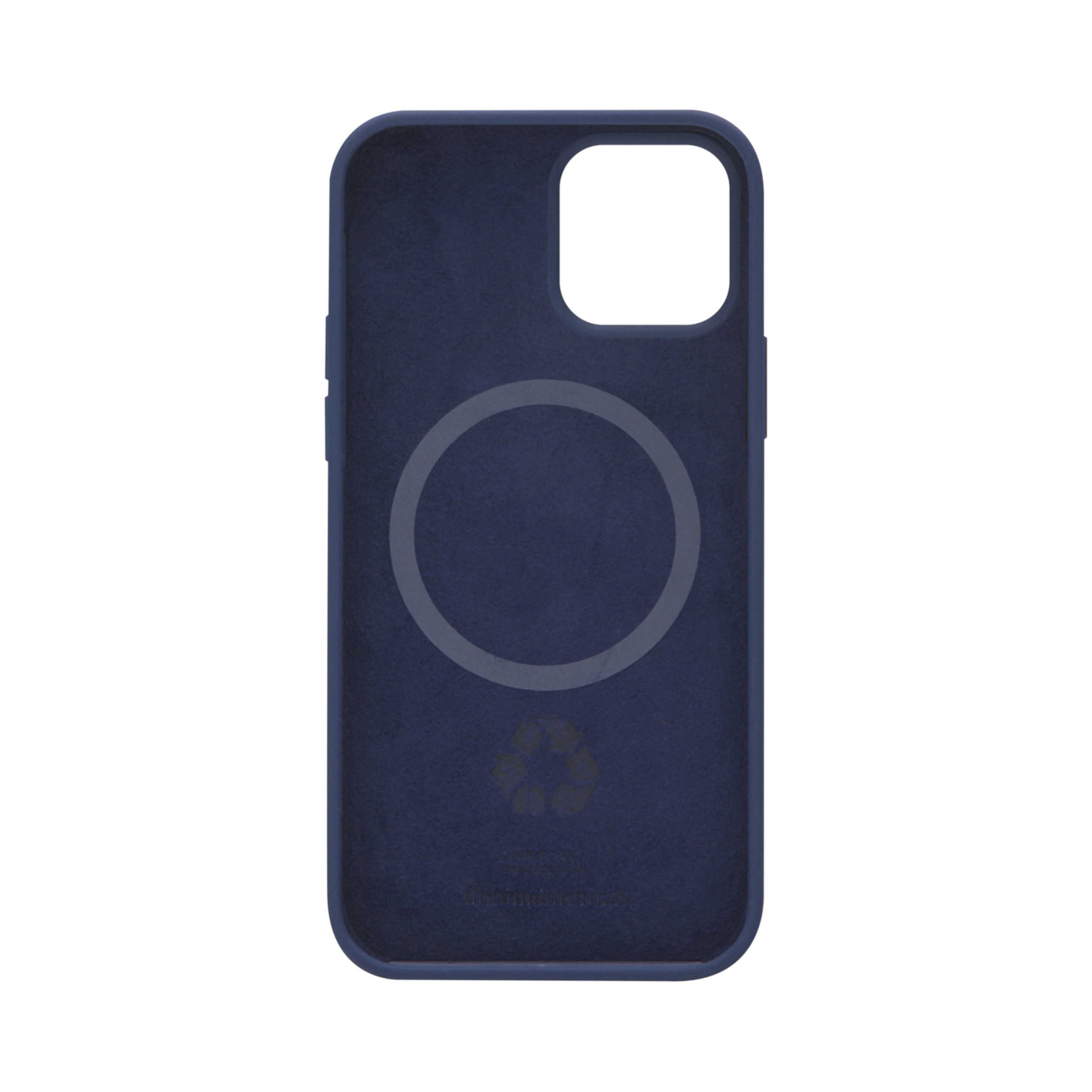 Una custodia blu scuro senza telefono. Visibile un simbolo di riciclaggio.