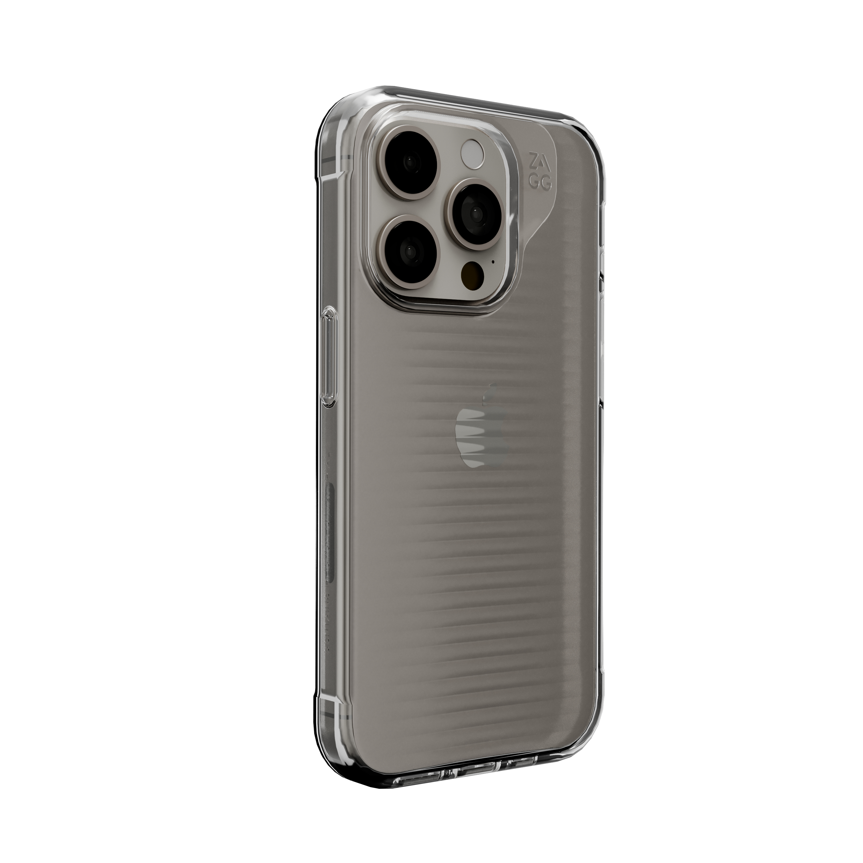Custodia trasparente per telefono con tre obiettivi della fotocamera. La custodia è su sfondo grigio chiaro.