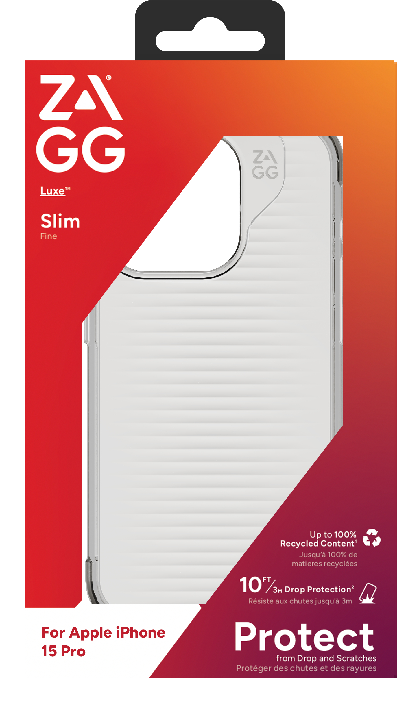 Scatola trasparente per custodia del telefono. Logo ZAGG, testo iPhone 15 Pro e dettagli del prodotto.